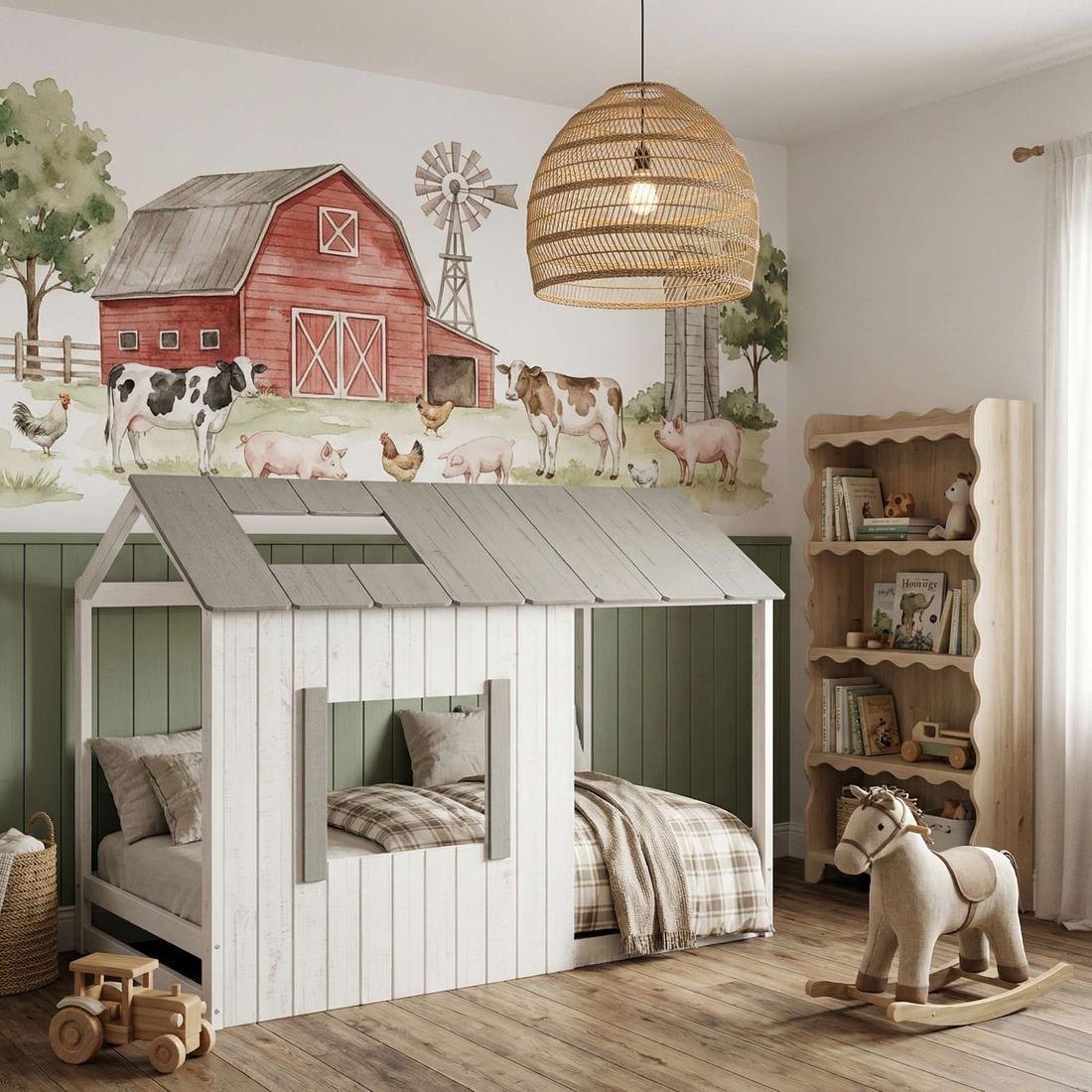 Cama Infantil Montessoriana Cabana de Madeira Maciça - Branco e Cinza Cama Infantil Montessoriana Cabana de Madeira Maciça - Branco e Cinza