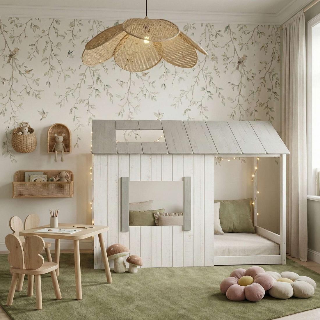 Cama Infantil Montessoriana Cabana de Madeira Maciça - Branco e Cinza Cama Infantil Montessoriana Cabana de Madeira Maciça - Branco e Cinza
