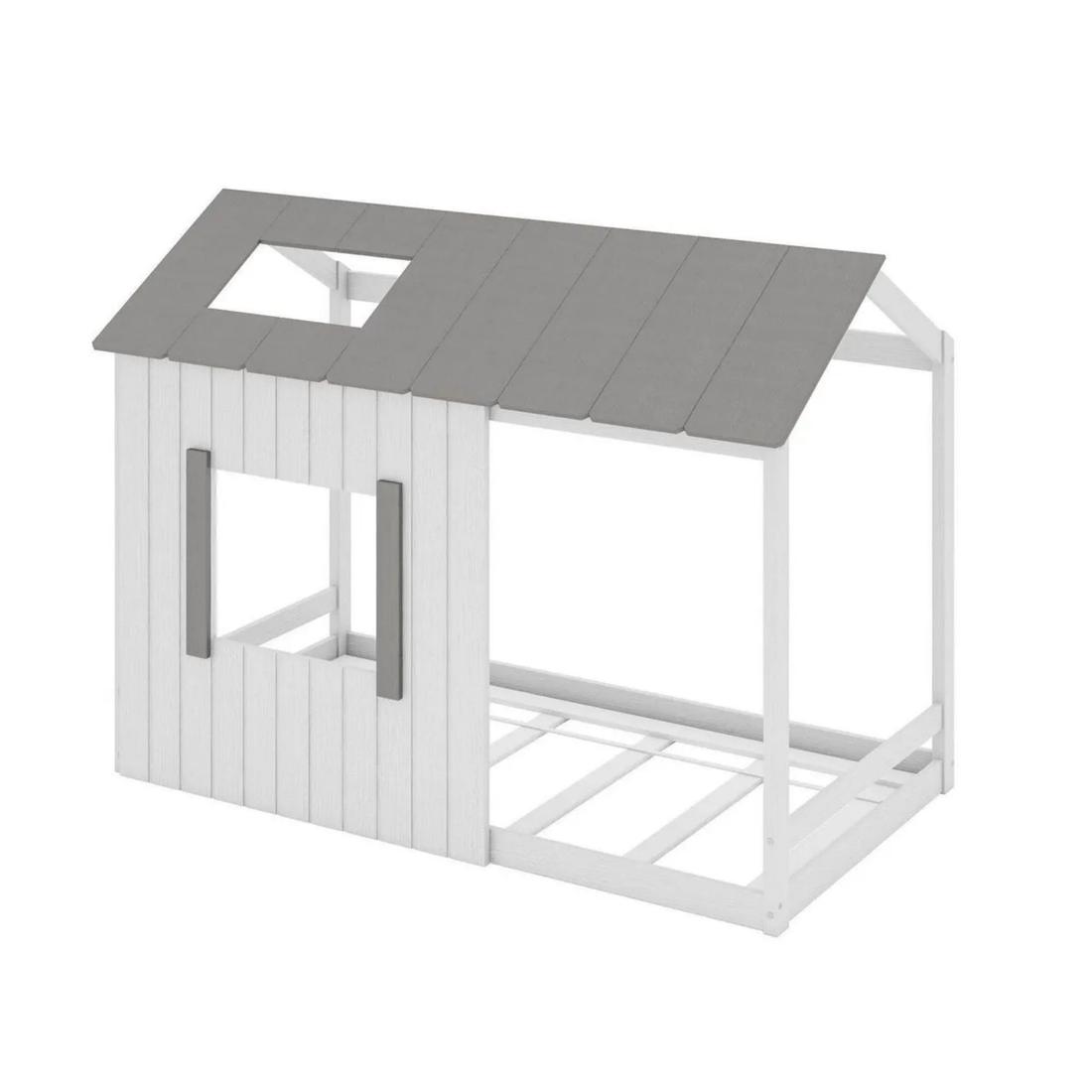 Cama Infantil Montessoriana Cabana de Madeira Maciça - Branco e Cinza Cama Infantil Montessoriana Cabana de Madeira Maciça - Branco e Cinza