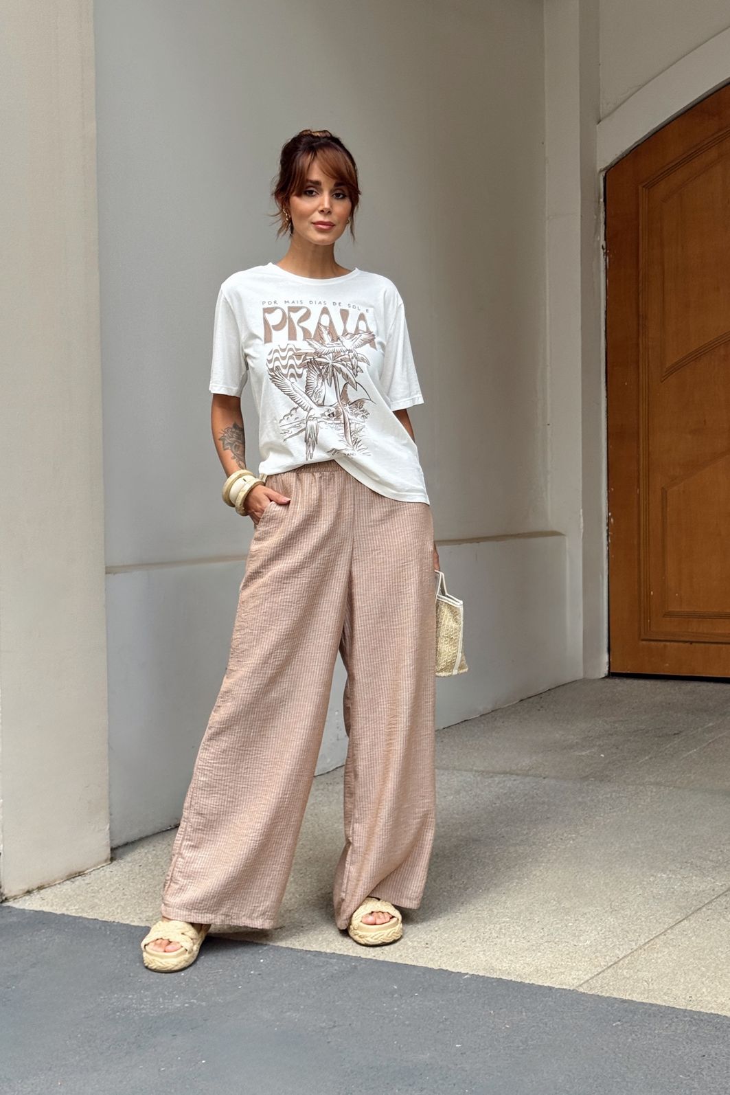 CALÇA PANTALONA LISTRADA LIA MARROM