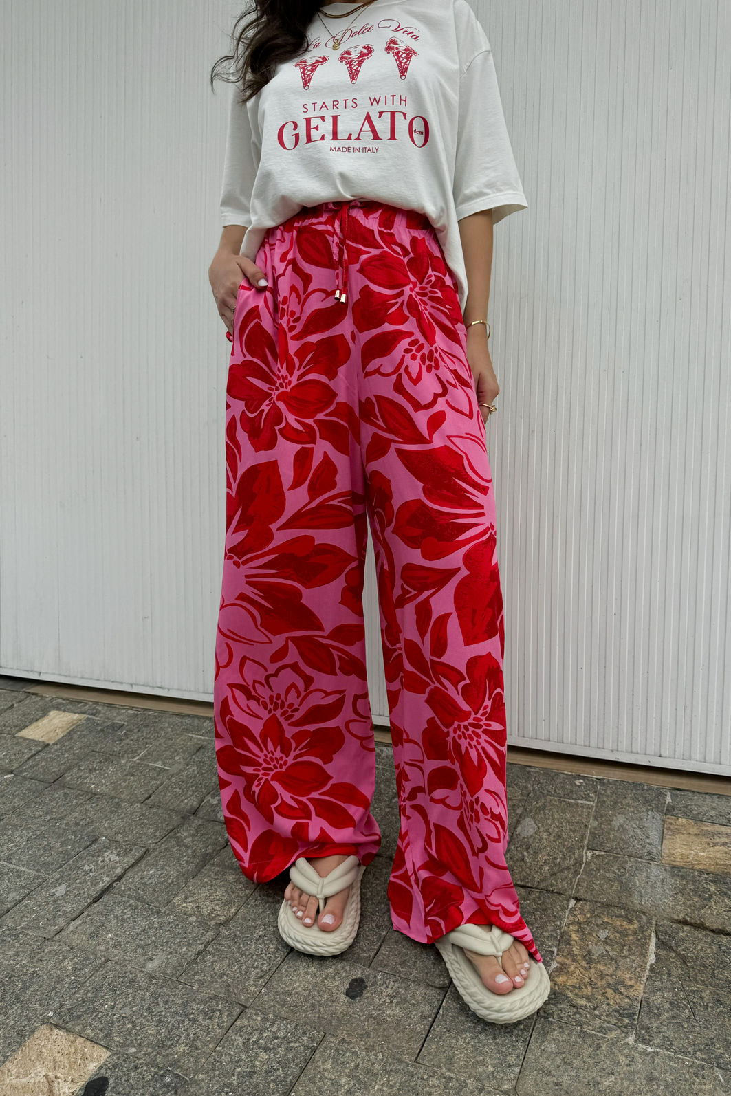 CALÇA PANTALONA LOUISE FLORAL ROSA