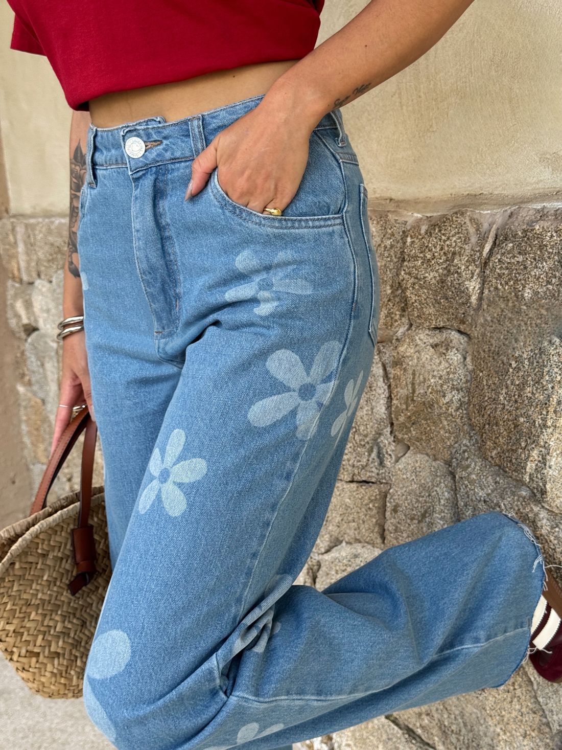 CALÇA JEANS WIDE LEG FLORA AZUL