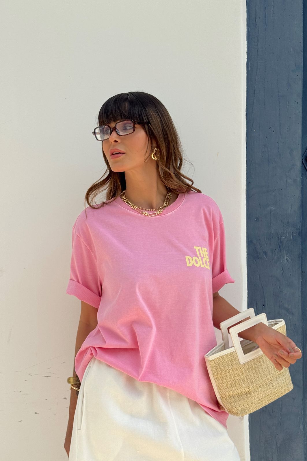 T-SHIRT OVERSIZED THE DOLCE (COM STRASS) ROSA CHICLETE