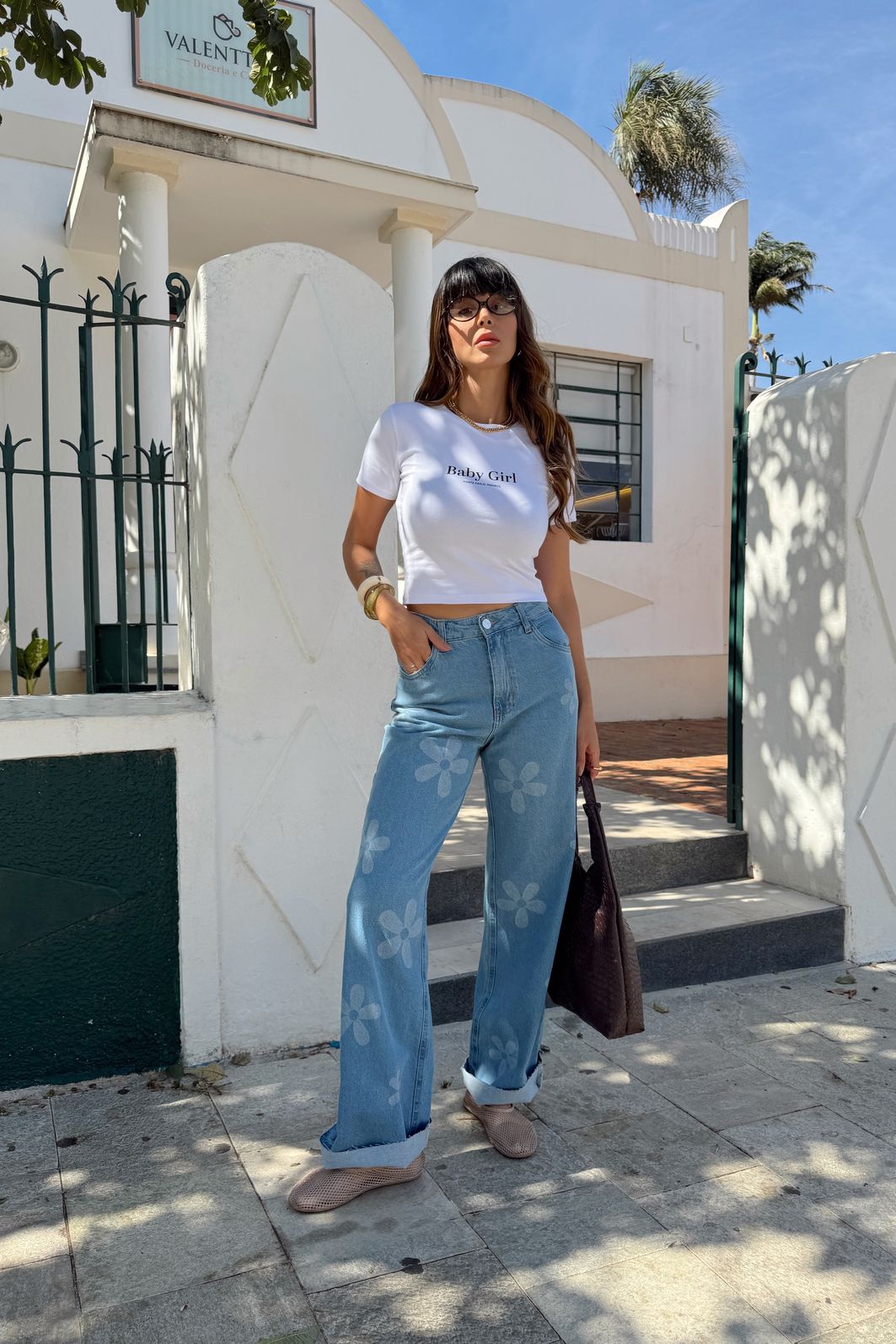 CALÇA JEANS WIDE LEG FLORA AZUL