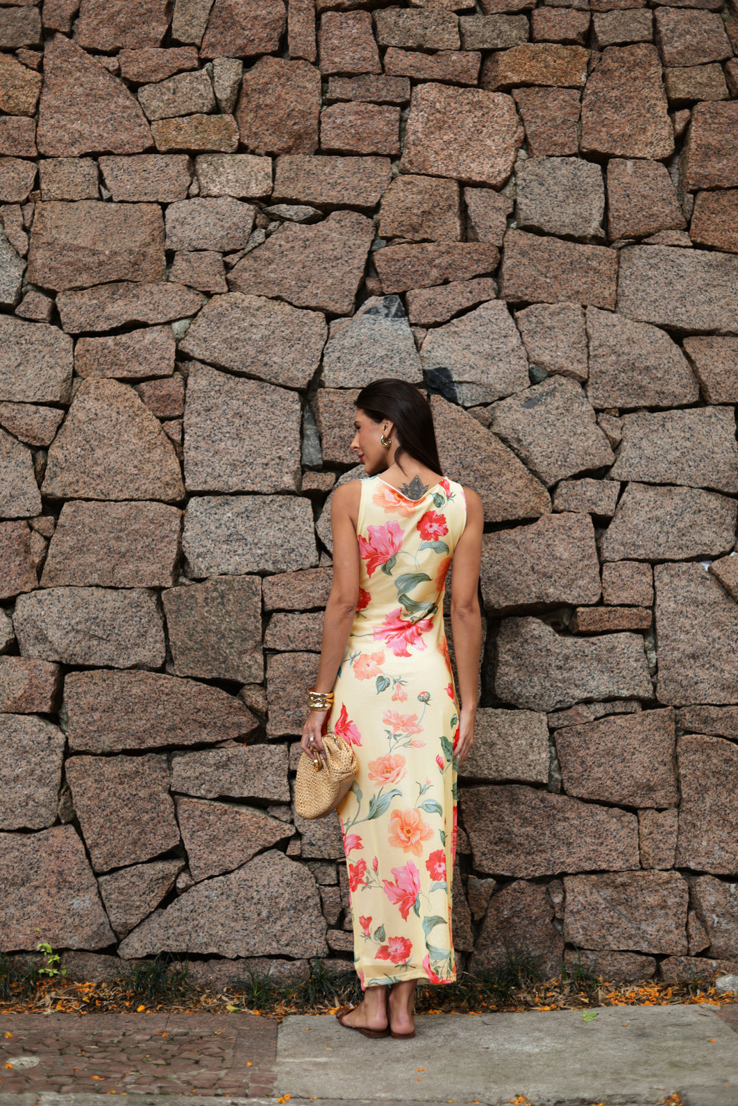 VESTIDO DE TULE FLORAL PRIMAVERA AMARELO MANTEIGA