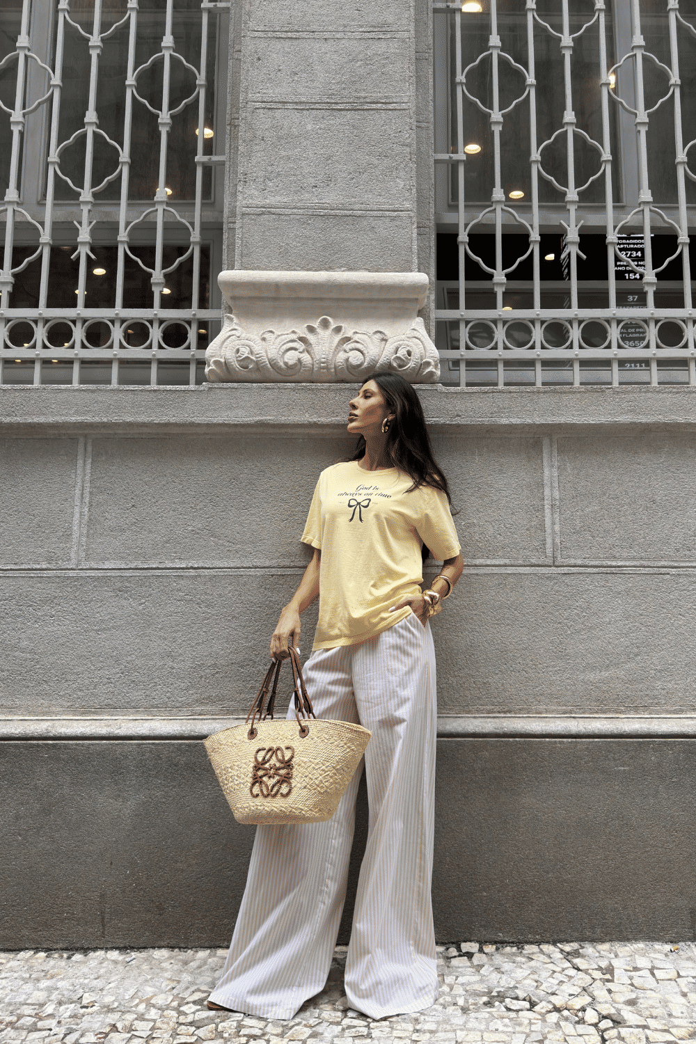 CALÇA PANTALONA LISTRADA LIA AMARELO MANTEIGA CALÇA PANTALONA LISTRADA LIA AMARELO MANTEIGA