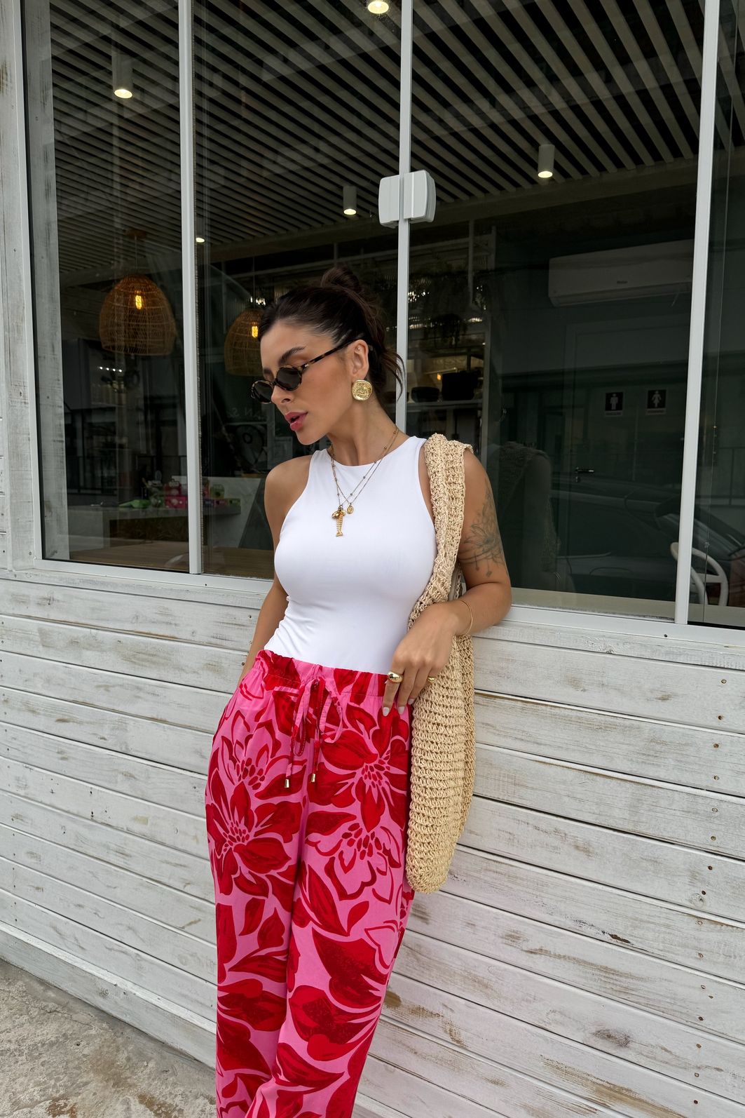 CALÇA PANTALONA LOUISE FLORAL ROSA