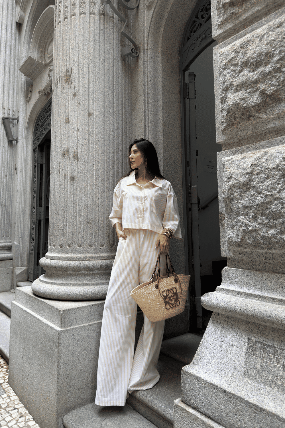 CALÇA PANTALONA LISTRADA LIA AMARELO MANTEIGA CALÇA PANTALONA LISTRADA LIA AMARELO MANTEIGA