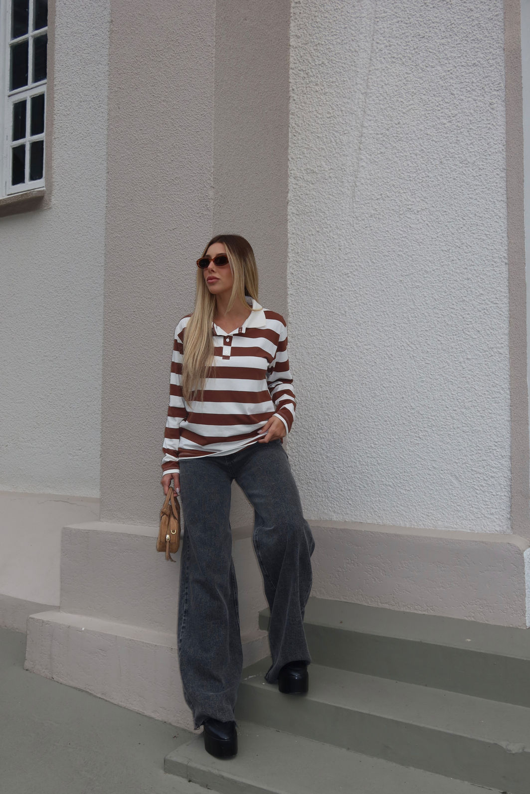 BLUSA GOLA POLO MANGA LONGA LISTRADA DIANA MARROM BLUSA GOLA POLO MANGA LONGA LISTRADA DIANA MARROM