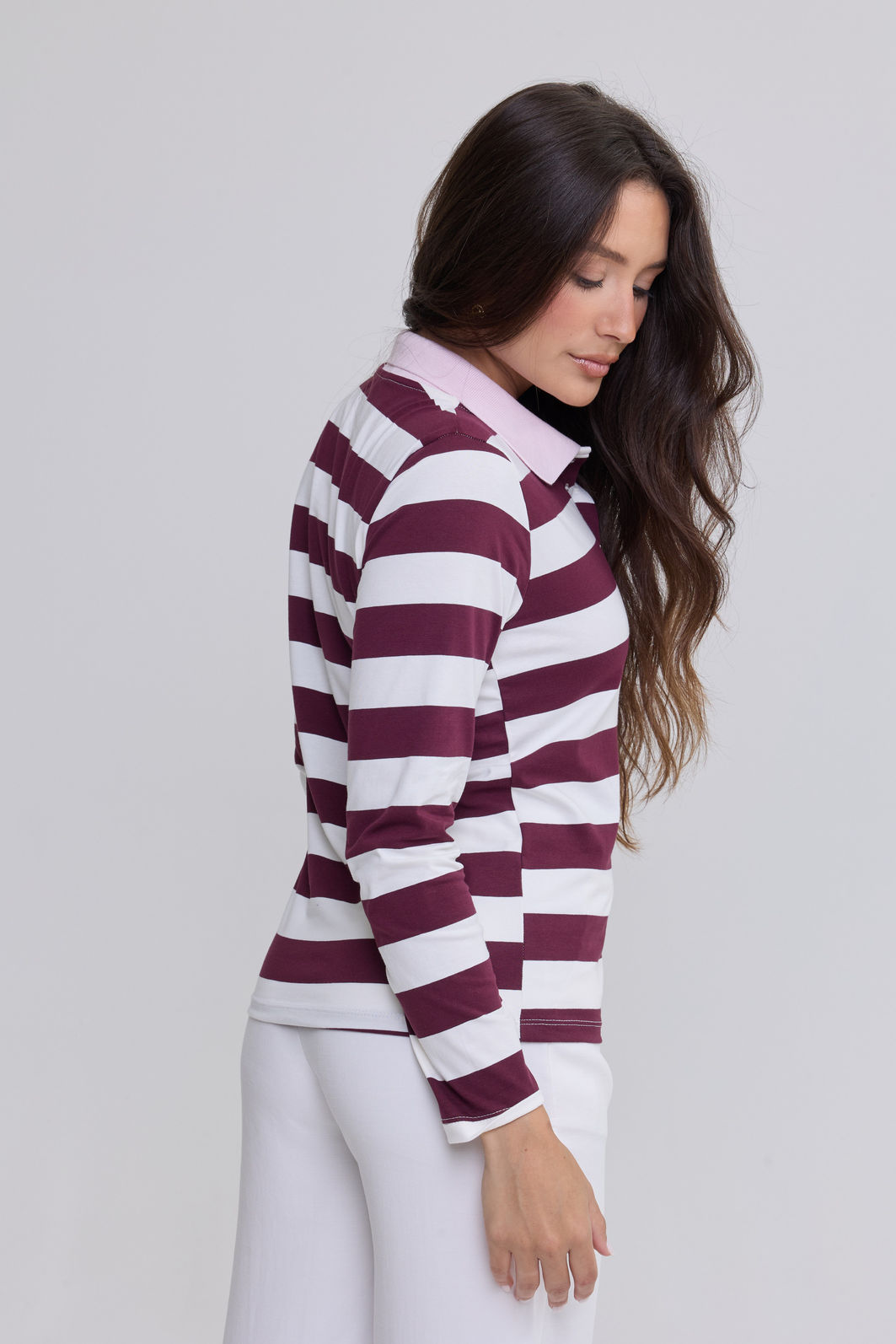 BLUSA GOLA POLO ROSA MANGA LONGA LISTRADA DIANA VINHO