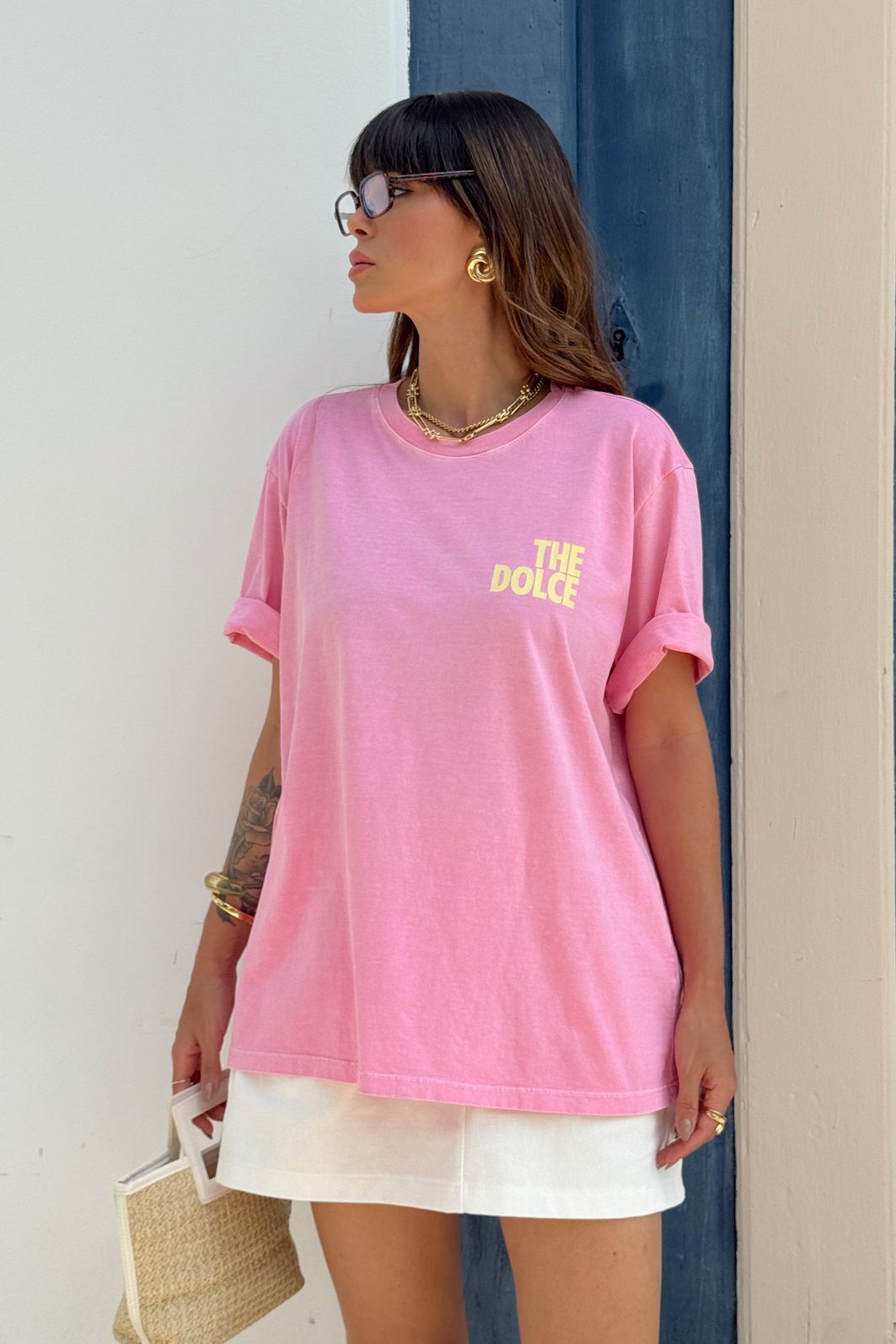 T-SHIRT OVERSIZED THE DOLCE (COM STRASS) ROSA CHICLETE