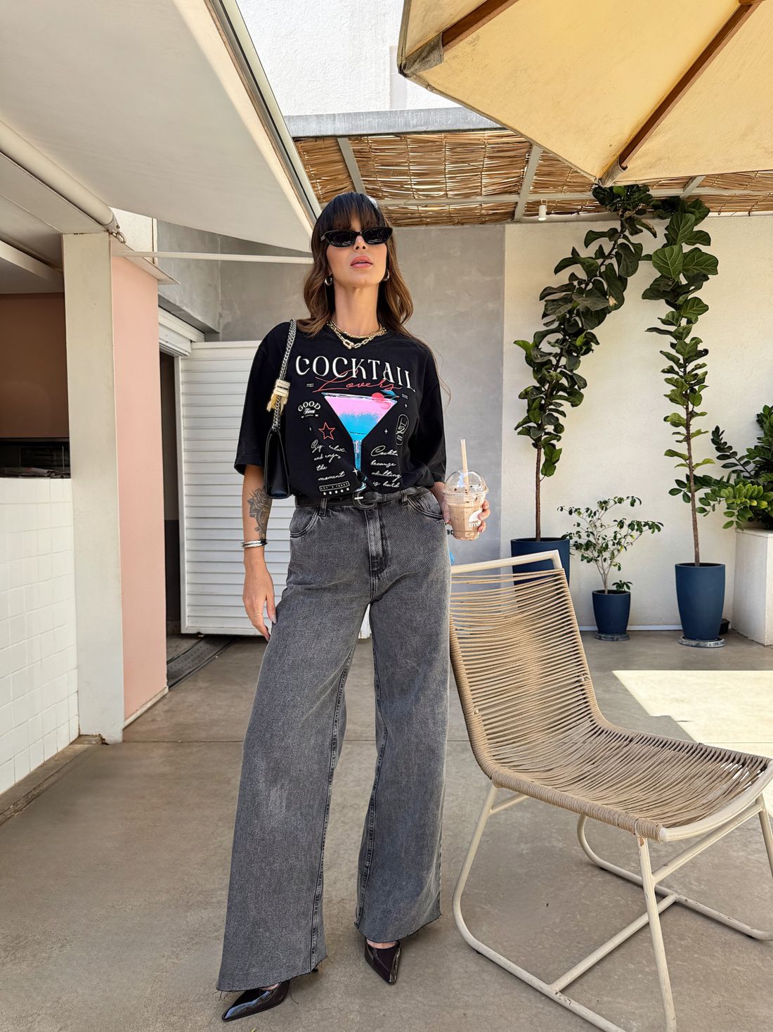 CALÇA WIDE LEG HAILEY PRETA MARMORIZADA