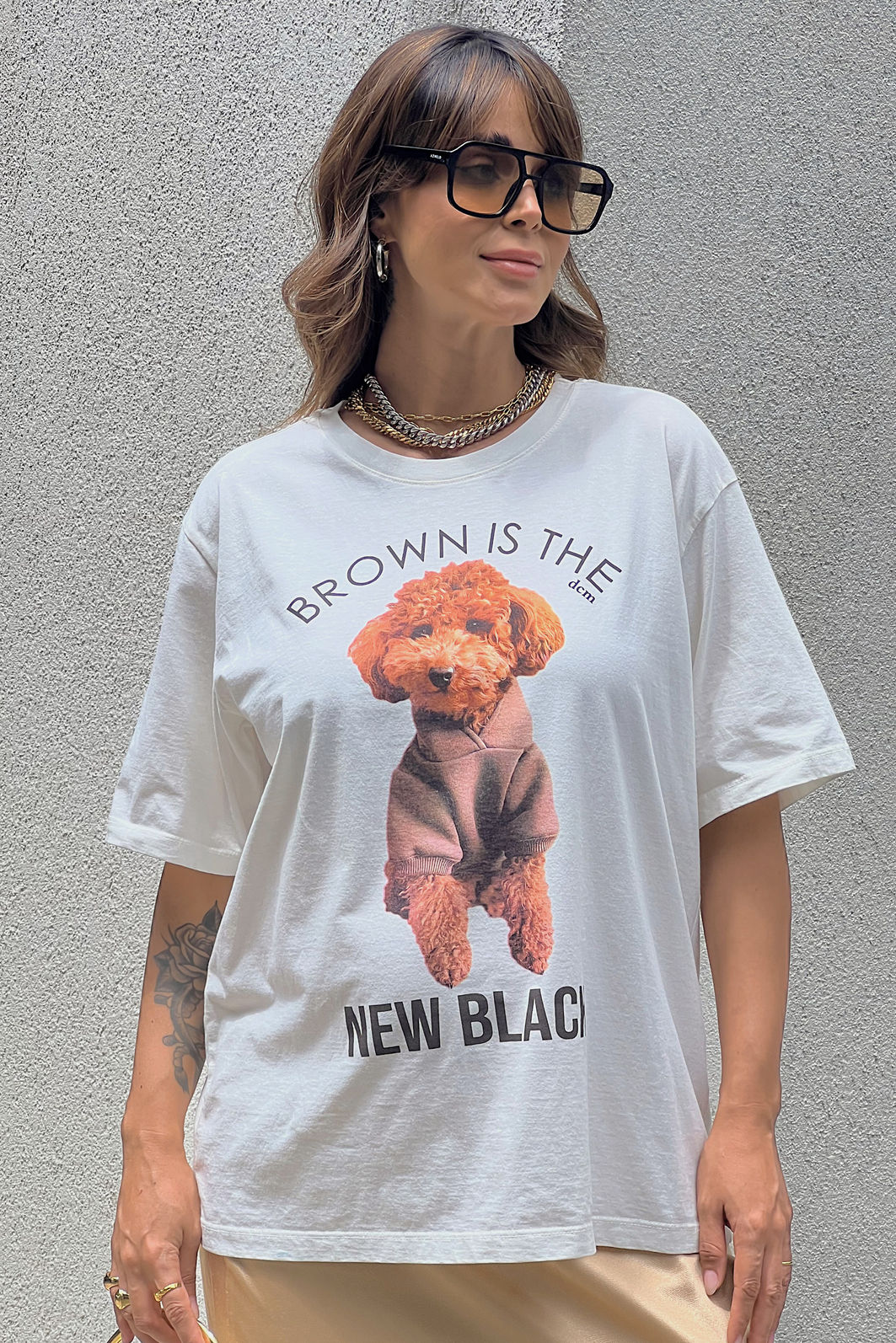 T-SHIRT OVERSIZED BROWN POODLE OFF WHITE