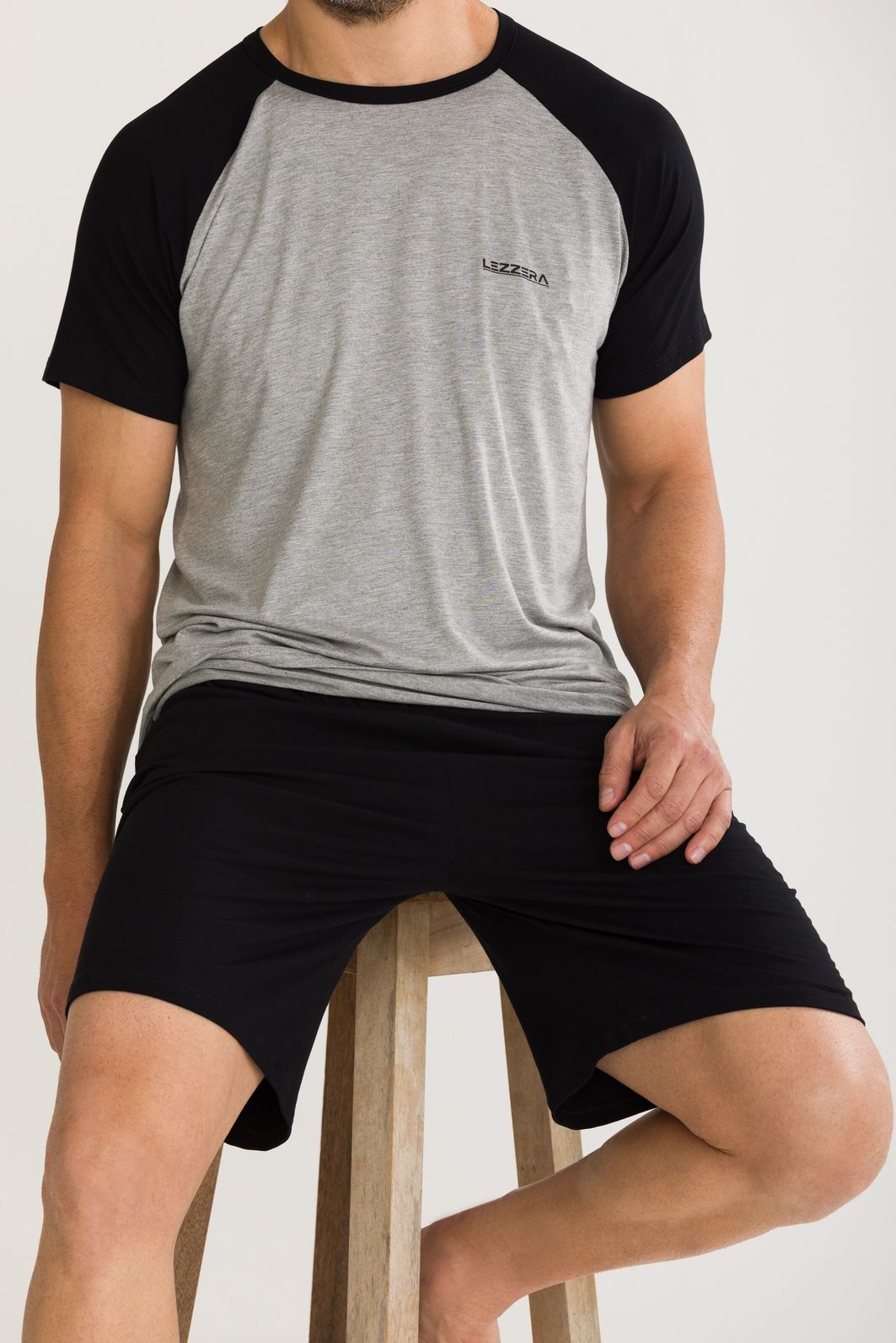 PIJAMA MASCULINO MANGA CURTA RAGLÃ PRETO MESCLA PIJAMA MASCULINO MANGA CURTA RAGLÃ PRETO MESCLA