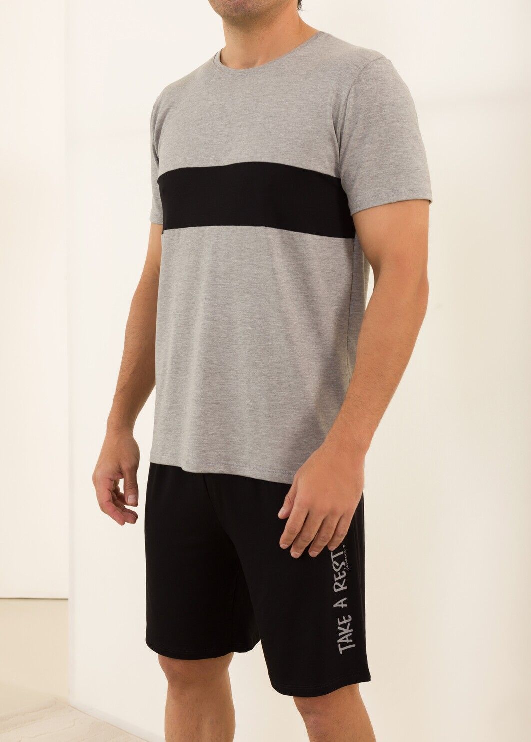 PIJAMA MASCULINO MANGA CURTA MESCLA COM RECORTE FRONTAL