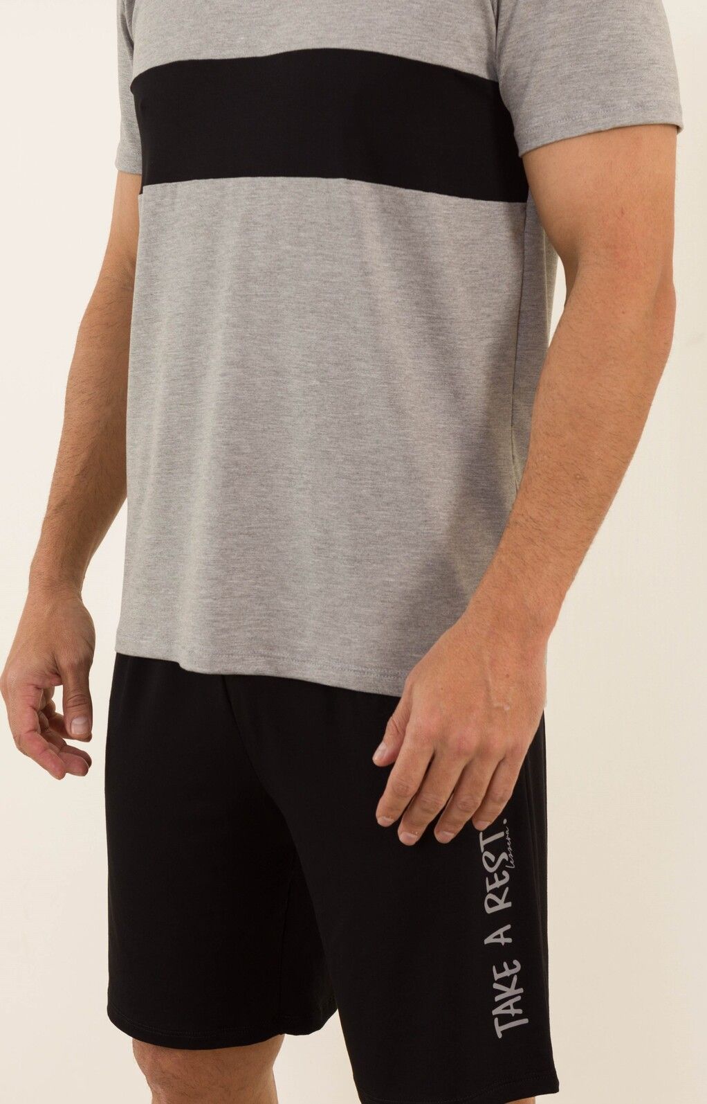 PIJAMA MASCULINO MANGA CURTA MESCLA COM RECORTE FRONTAL
