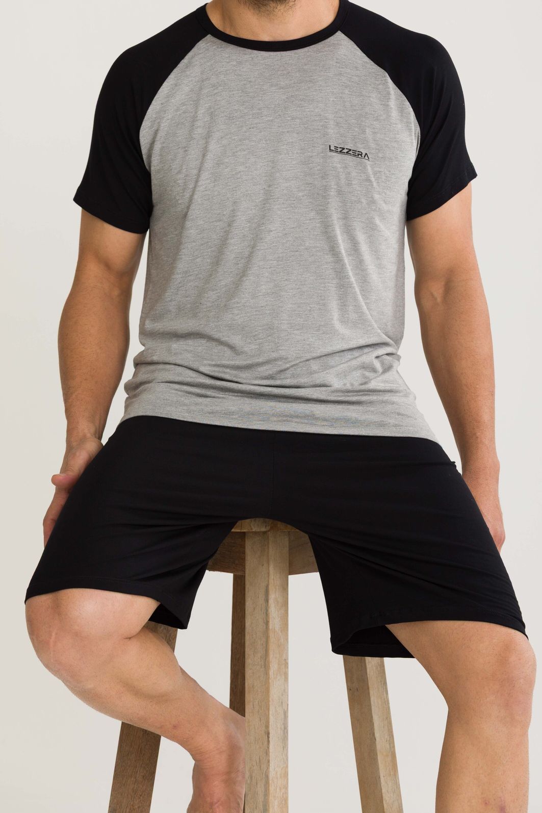 PIJAMA MASCULINO MANGA CURTA RAGLÃ PRETO MESCLA PIJAMA MASCULINO MANGA CURTA RAGLÃ PRETO MESCLA