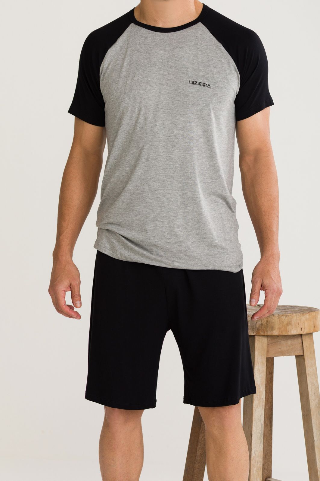 PIJAMA MASCULINO MANGA CURTA RAGLÃ PRETO MESCLA PIJAMA MASCULINO MANGA CURTA RAGLÃ PRETO MESCLA