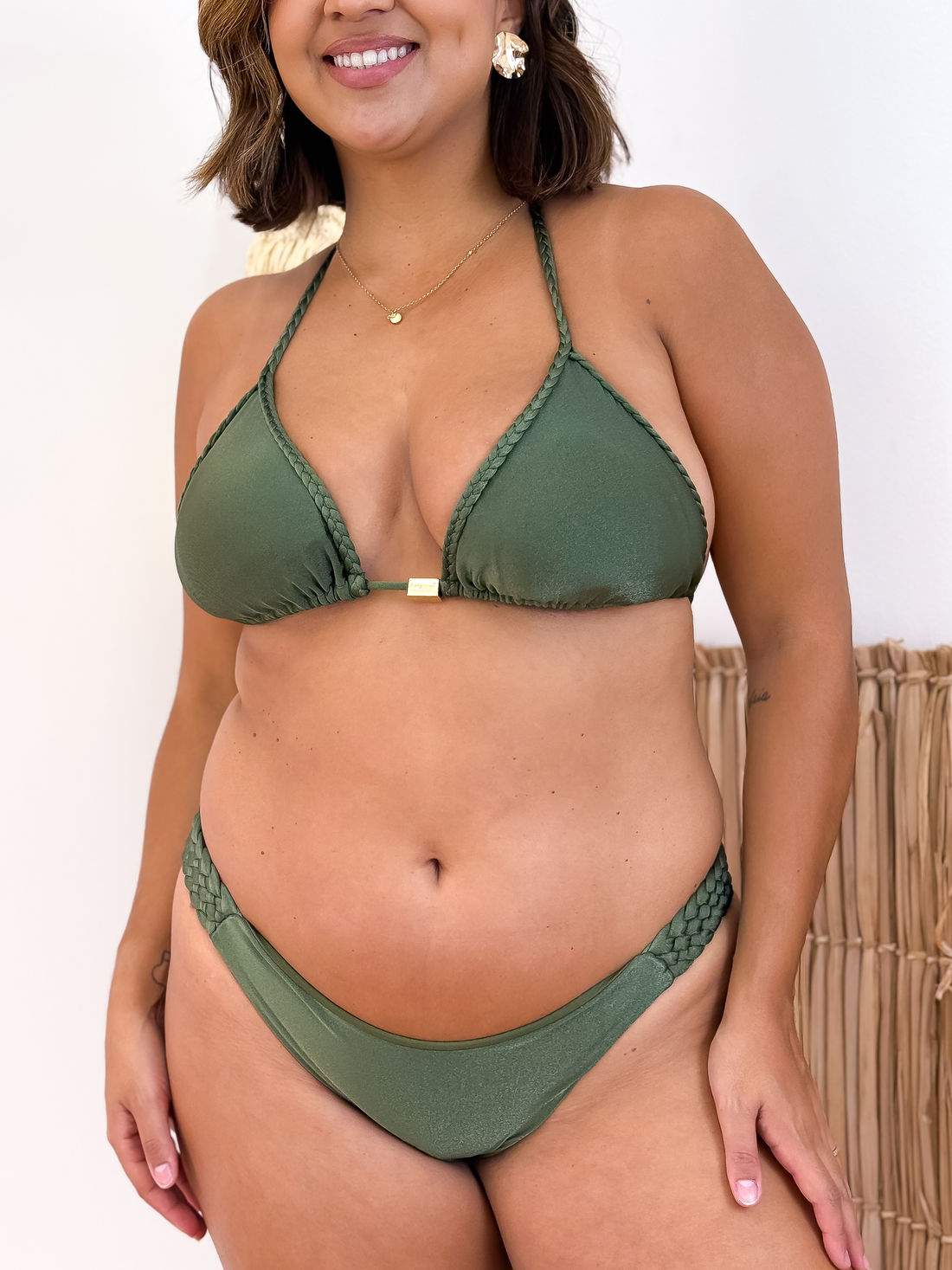 CORTININHA TRANÇA CALCINHA TANGA - VERDE MILITAR