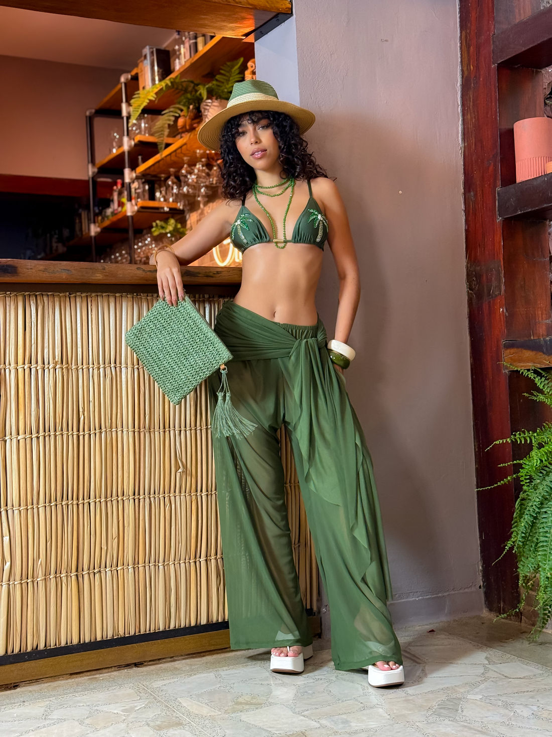 CORTININHA GLOW COQUEIROS - VERDE MILITAR