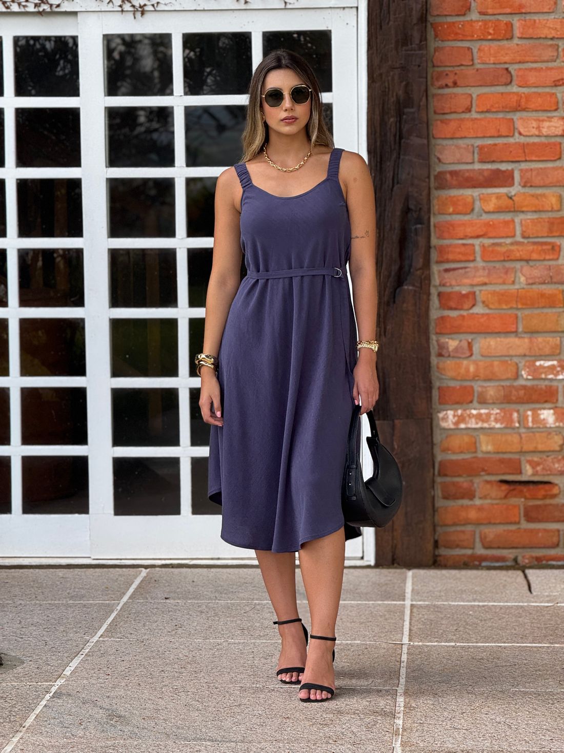 Vestido Linho Estonado Marcela Azul Vestido Linho Estonado Marcela Azul