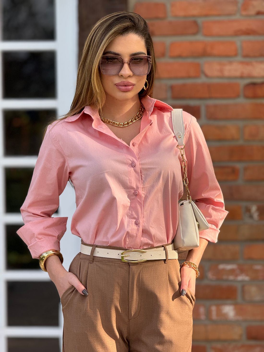 Camisa Tricoline c/ Elastano Rosa Camisa Tricoline c/ Elastano Rosa