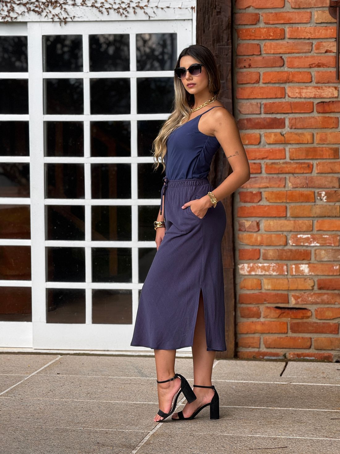 Saia Linho Estonado Azul Saia Linho Estonado Azul