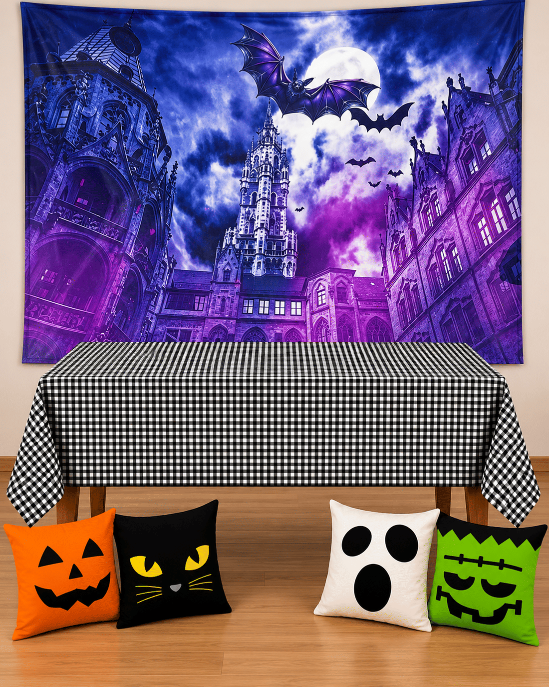 Kit Decoração Halloween Castelo Gótico com Painel, Toalha Xadrez e Almofadas Kit Decoração Halloween Castelo Gótico com Painel, Toalha Xadrez e Almofadas