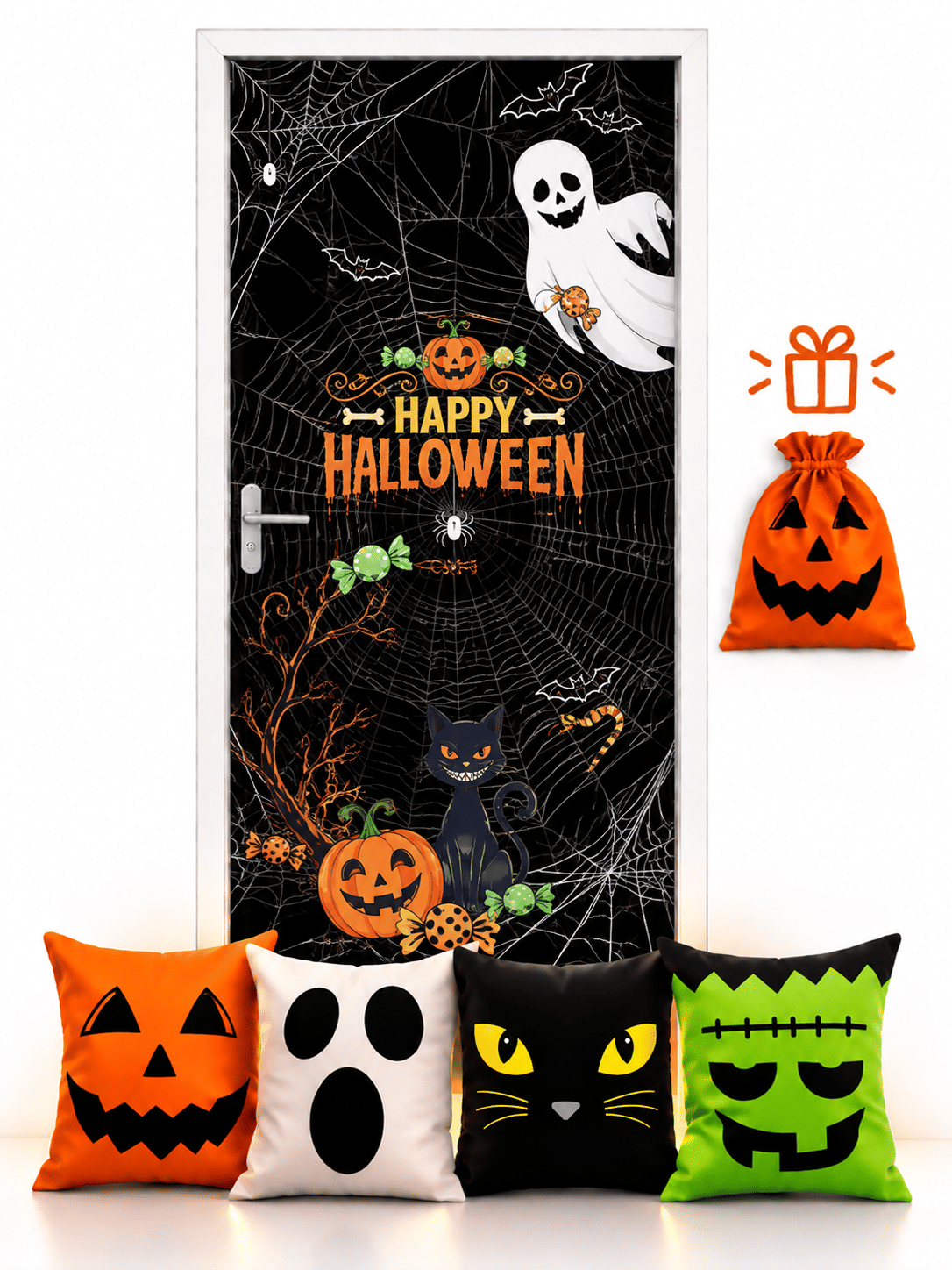 Kit 02- Halloween Dia das Bruxas Happy Halloween— 1 Capa de Porta + 4 Capas de Almofada 45x45 Kit 02- Halloween Dia das Bruxas Happy Halloween— 1 Capa de Porta + 4 Capas de Almofada 45x45