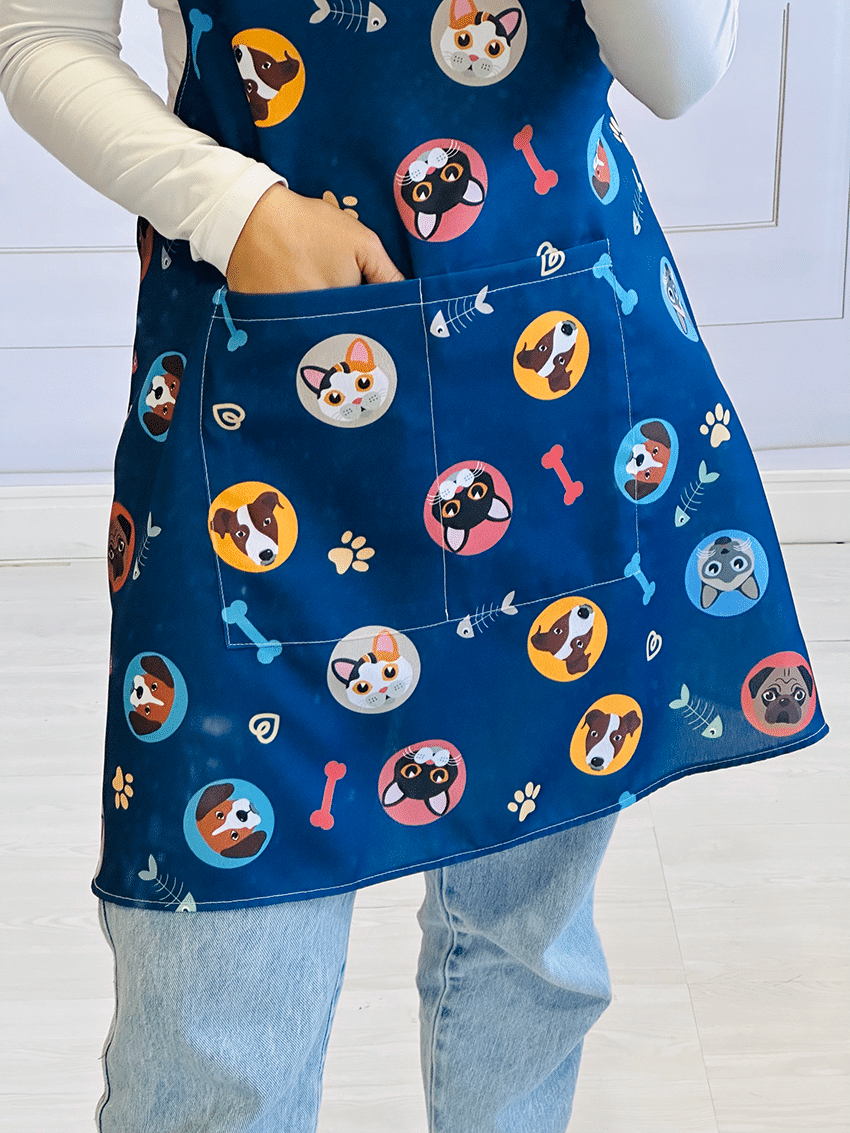 Avental Japonês Azul Marinho Gatinho e Cachorros Avental Japonês Azul Marinho Gatinho e Cachorros