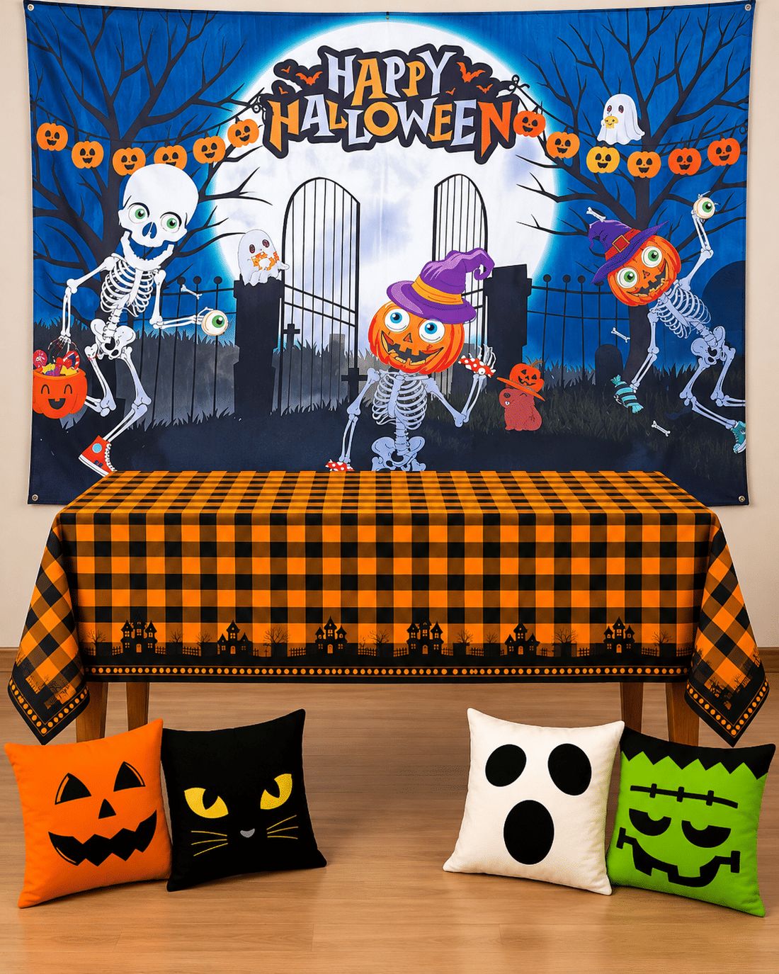 Kit Decoração Halloween Happy Halloween Xadrez Laranja com Painel, Toalha e Almofadas Kit Decoração Halloween Happy Halloween Xadrez Laranja com Painel, Toalha e Almofadas