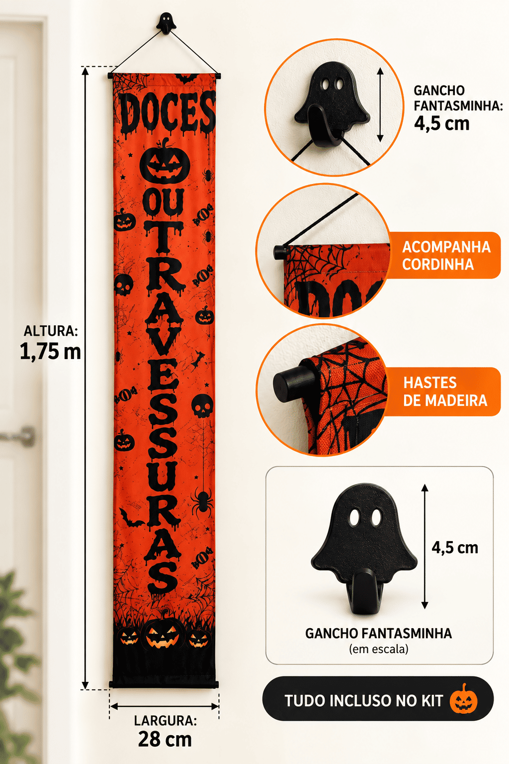 Banner Decorativo Halloween Doces ou Travessuras Laranja 1,75 m com Gancho Banner Decorativo Halloween Doces ou Travessuras Laranja 1,75 m com Gancho