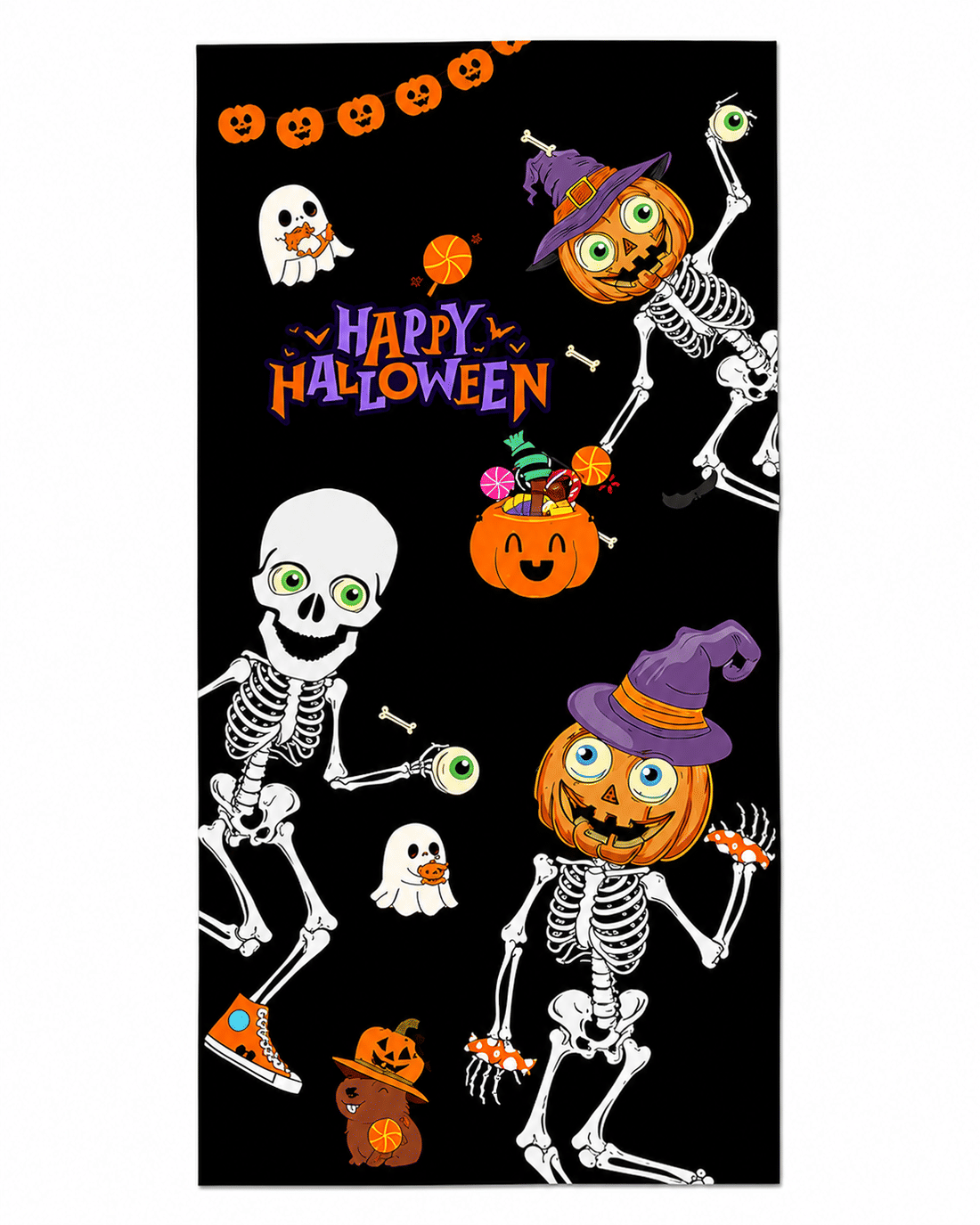 Kit 01 Halloween Caveirinhas Fofas — 1 Capa de Porta + 4 Capas de Almofada 45x45