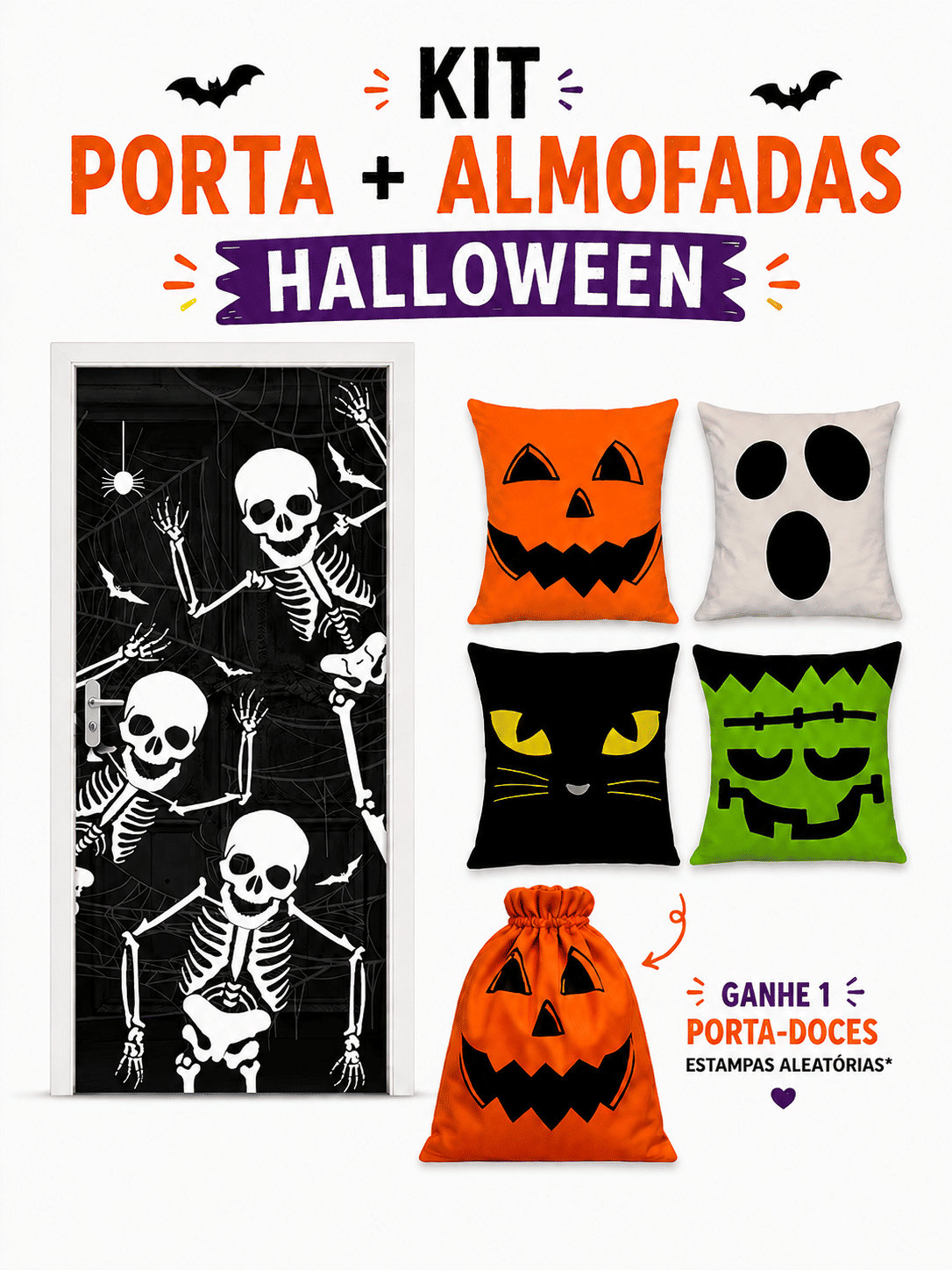 Kit 02- Halloween Esqueleto muito Louco — 1 Capa de Porta + 4 Capas de Almofada 45x45