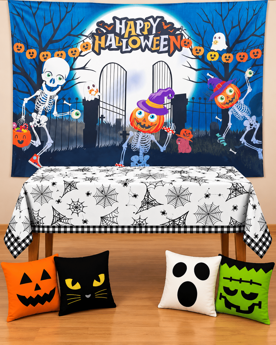 Kit Decoração Halloween Happy Halloween com Painel, Toalha e 4 Capas de Almofada Kit Decoração Halloween Happy Halloween com Painel, Toalha e 4 Capas de Almofada