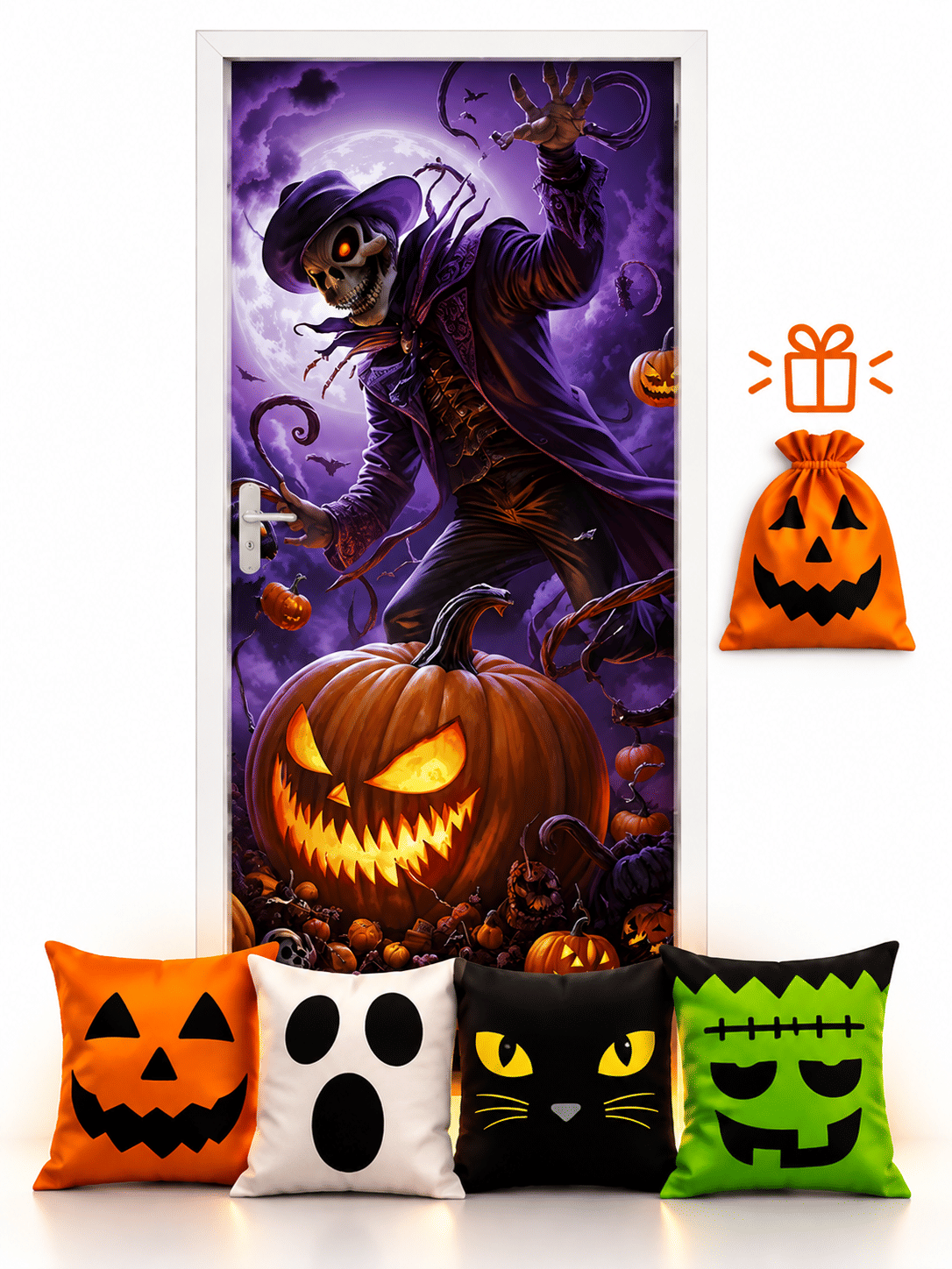 Kit 03- Halloween Caveira e Abobora Assustadoras — 1 Capa de Porta + 4 Capas de Almofada 45x45 Kit 03- Halloween Caveira e Abobora Assustadoras — 1 Capa de Porta + 4 Capas de Almofada 45x45