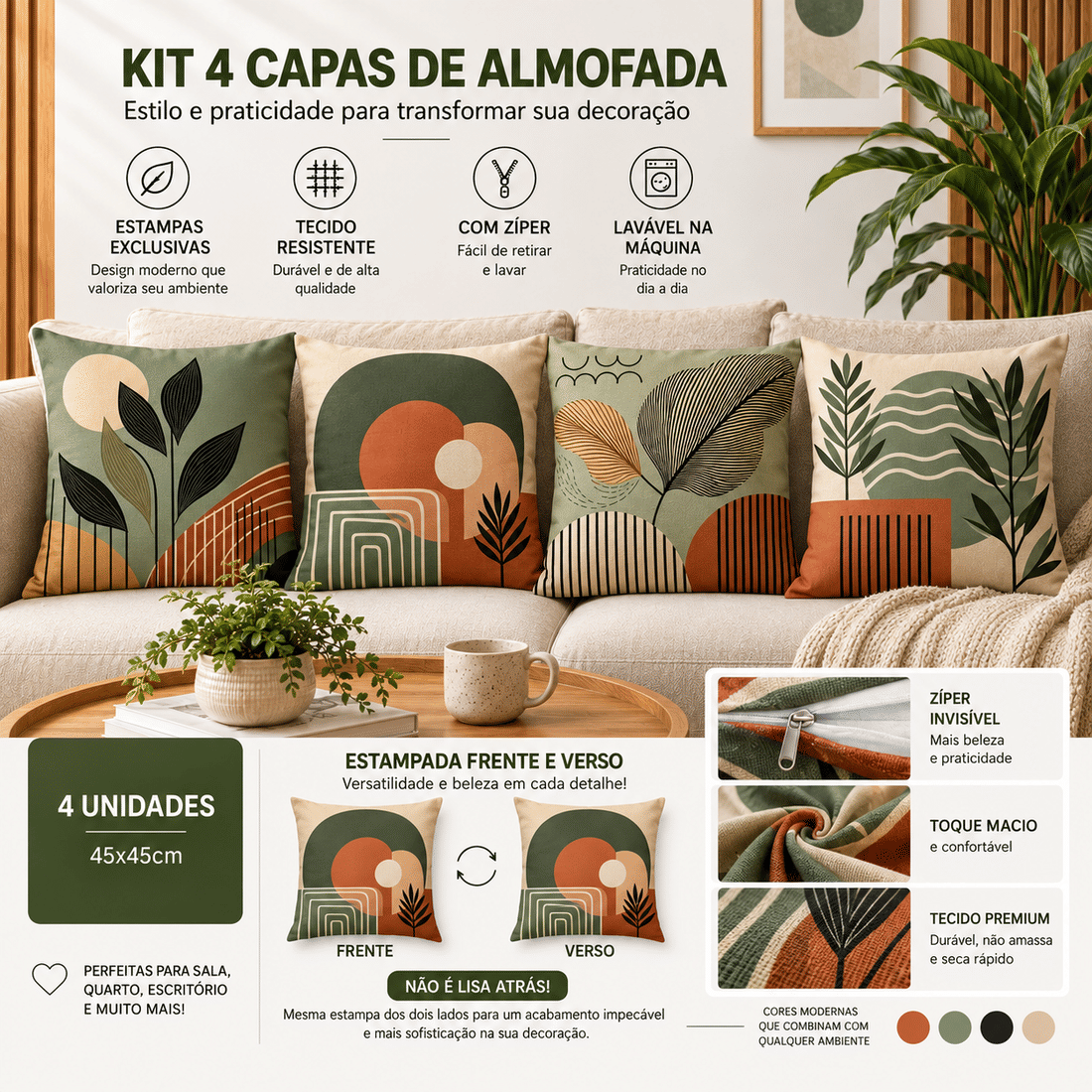 KIT 4 CAPAS DE ALMOFADAS BOTÂNICA VERDE TERRACOTA - 45x45 KIT 4 CAPAS DE ALMOFADAS BOTÂNICA VERDE TERRACOTA - 45x45