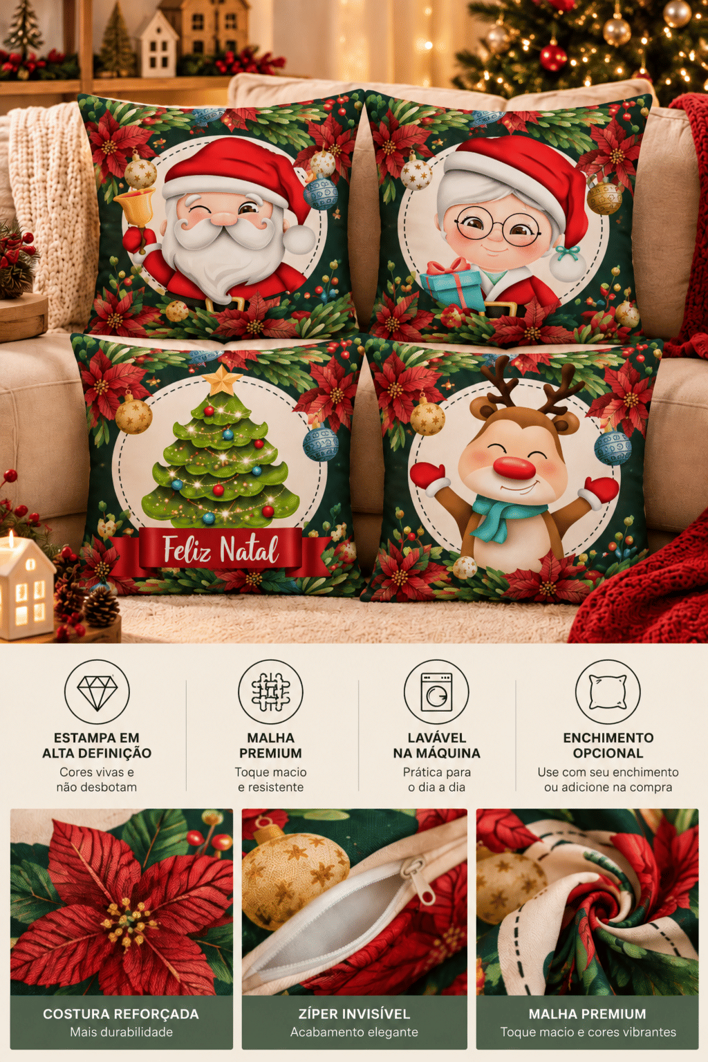KIT 4 CAPAS DE ALMOFADAS MALHA CONFORT DECORATIVAS NATAL - 45x45