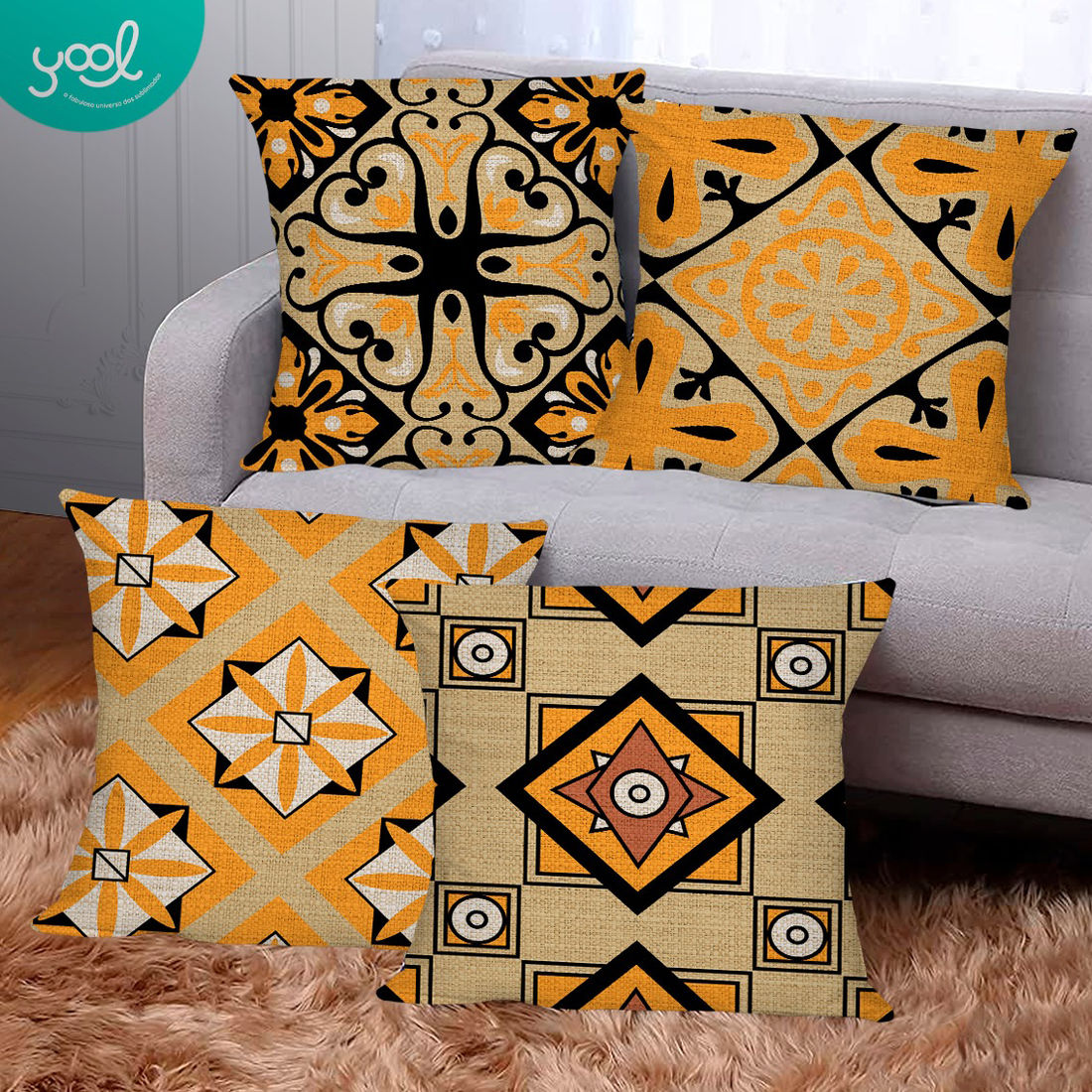 KIT 4 CAPAS DE ALMOFADAS DECORATIVAS TRIBAL STYLE AMARELA- 45x45