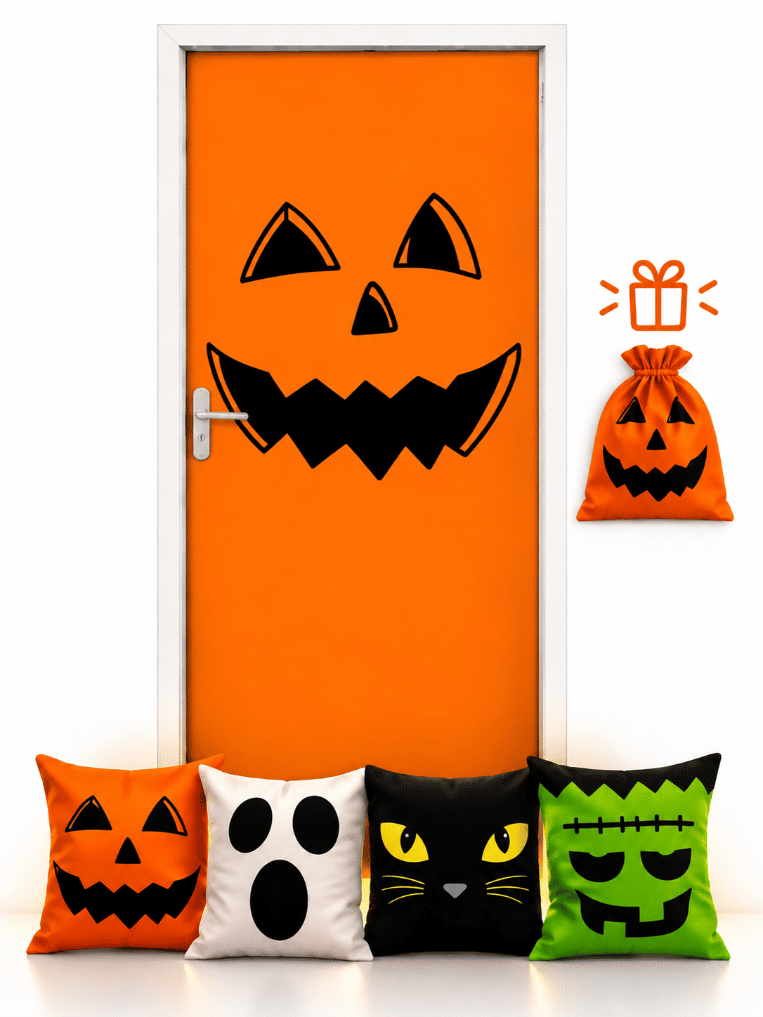 Kit 04- Halloween Abóbora, Dia das Bruxas— 1 Capa de Porta + 4 Capas de Almofada 45x45 Kit 04- Halloween Abóbora, Dia das Bruxas— 1 Capa de Porta + 4 Capas de Almofada 45x45