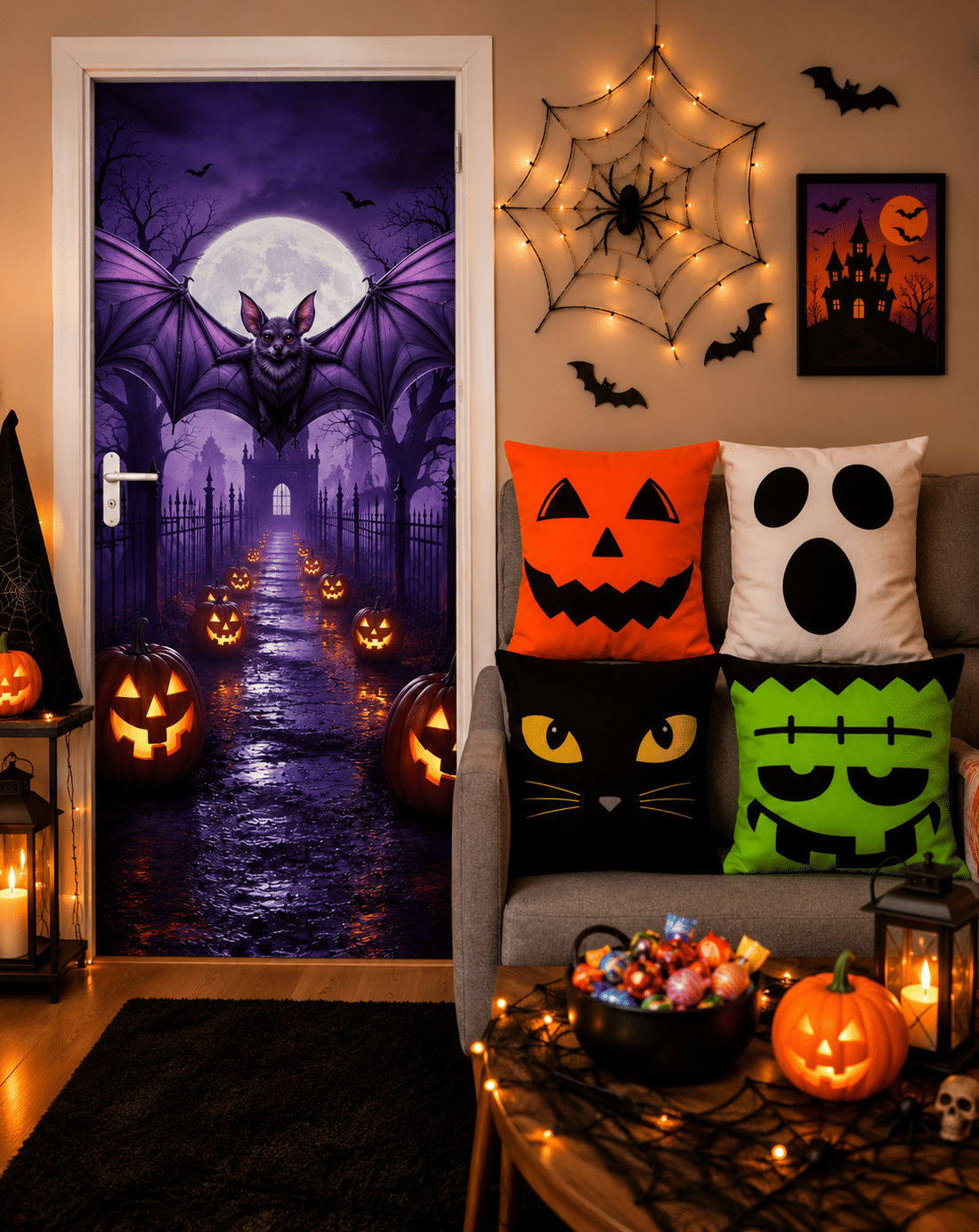 Kit 08- Halloween Morcego Voador— 1 Capa de Porta + 4 Capas de Almofada 45x45