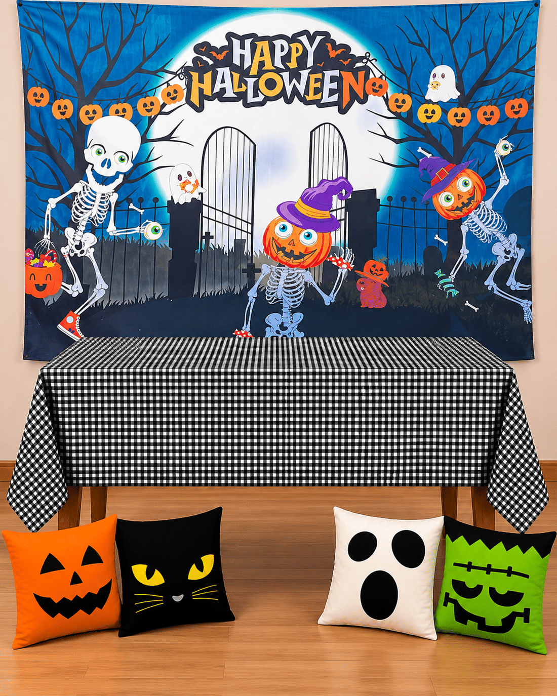Kit Decoração Halloween Happy Halloween Xadrez com Painel, Toalha e Almofadas Kit Decoração Halloween Happy Halloween Xadrez com Painel, Toalha e Almofadas
