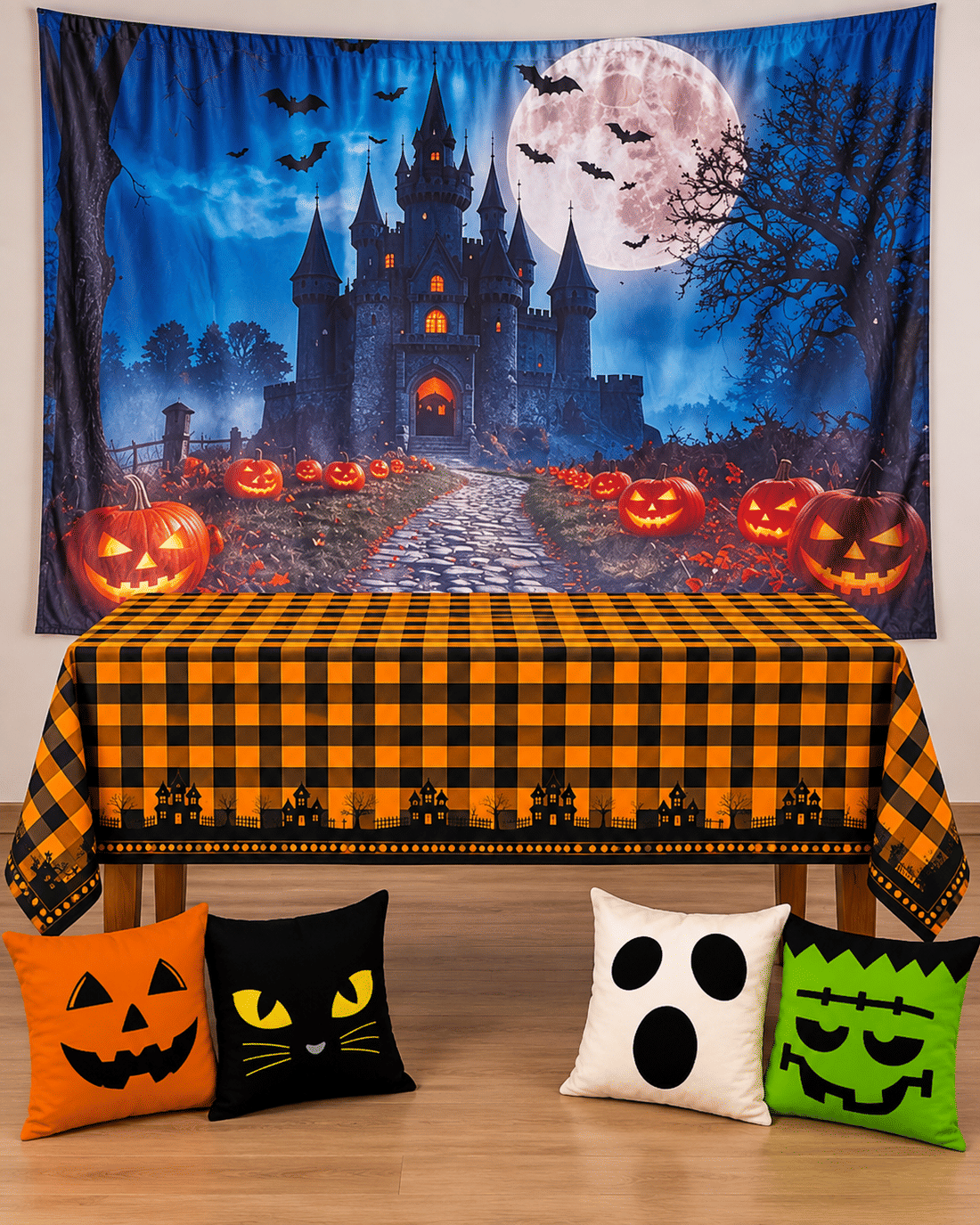 Kit Decoração Halloween Castelo e Abóboras com Painel, Toalha e Almofadas Kit Decoração Halloween Castelo e Abóboras com Painel, Toalha e Almofadas