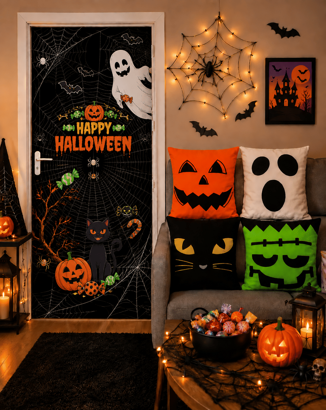 Kit 07- Halloween Dia das Bruxas Happy Halloween— 1 Capa de Porta + 4 Capas de Almofada 45x45 Kit 07- Halloween Dia das Bruxas Happy Halloween— 1 Capa de Porta + 4 Capas de Almofada 45x45