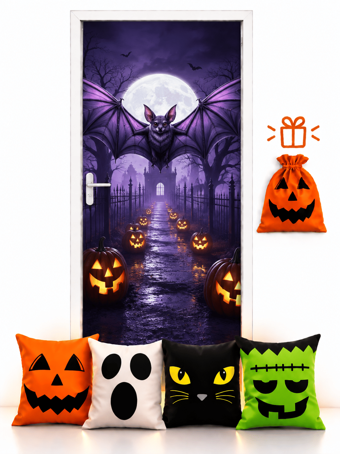 Kit 02- Halloween Morcego Voador— 1 Capa de Porta + 4 Capas de Almofada 45x45 Kit 02- Halloween Morcego Voador— 1 Capa de Porta + 4 Capas de Almofada 45x45