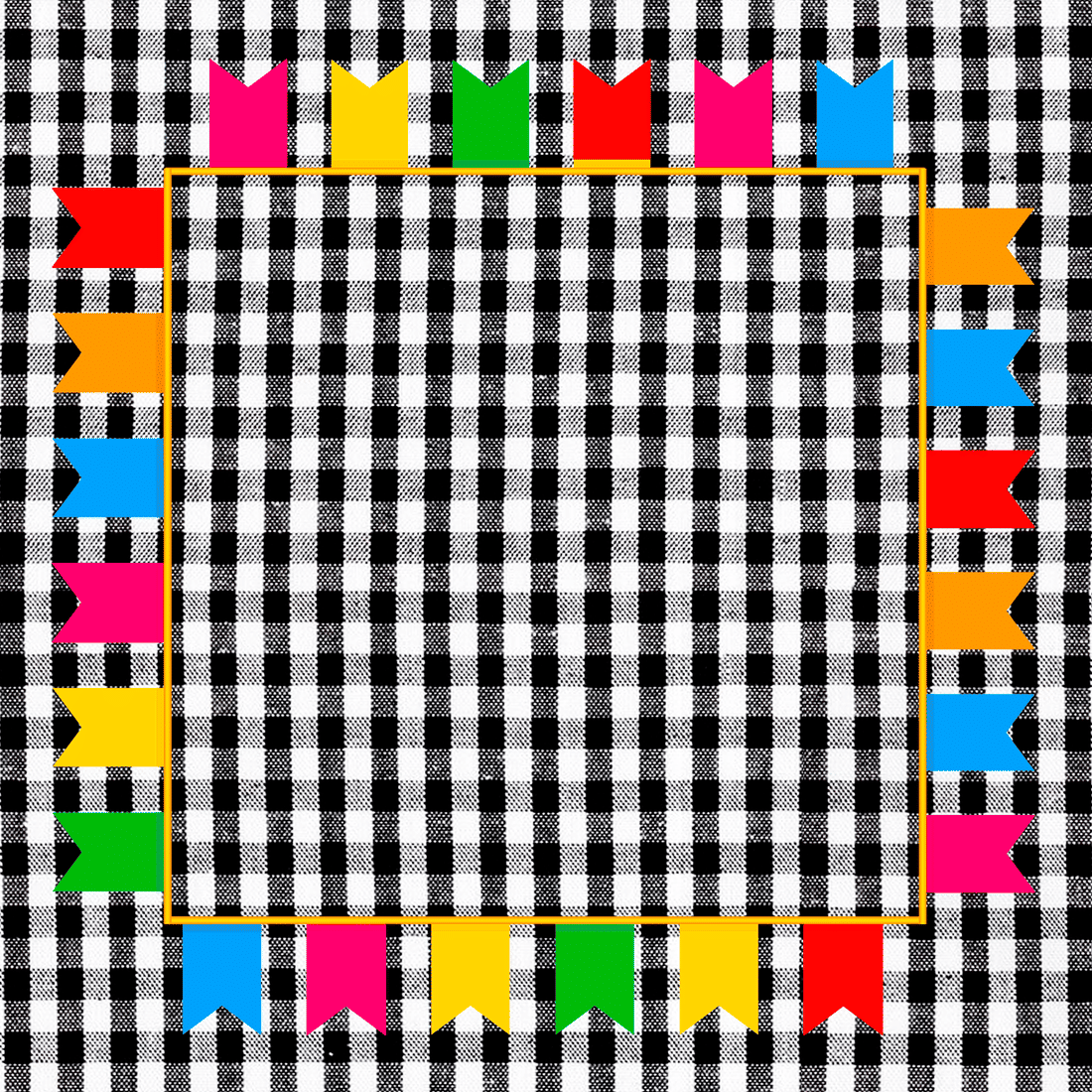 Kit com 4 Toalha de Mesa Festa Junina Xadrez Preto com Bandeirolas Coloridas , Medida 0,70mt x 0,70m Kit com 4 Toalha de Mesa Festa Junina Xadrez Preto com Bandeirolas Coloridas , Medida 0,70mt x 0,70m