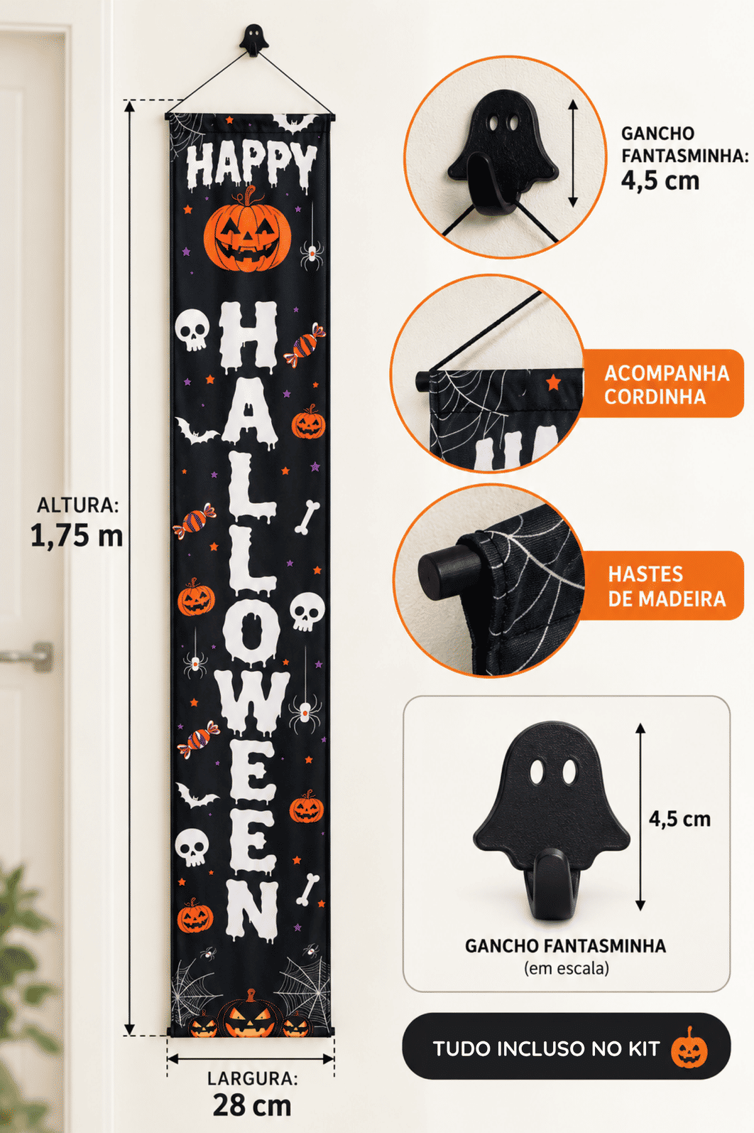 Banner Decorativo Halloween Happy Halloween 1,75 m com Gancho