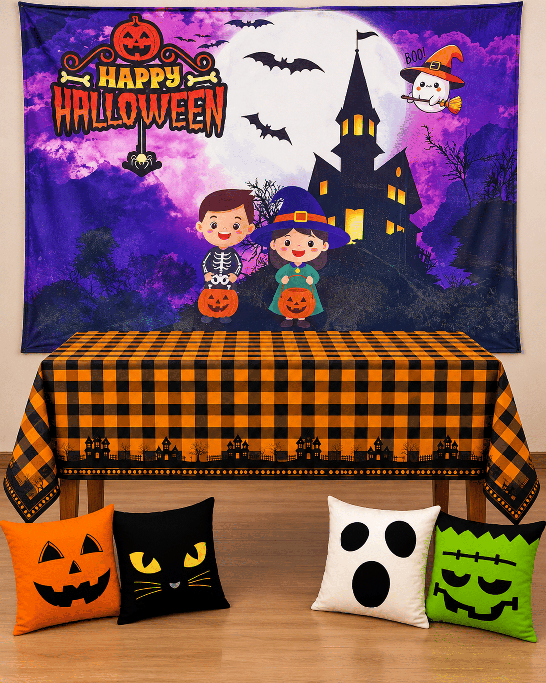 Kit Decoração Halloween Kids Castelo com Painel, Toalha e 4 Capas de Almofada Kit Decoração Halloween Kids Castelo com Painel, Toalha e 4 Capas de Almofada