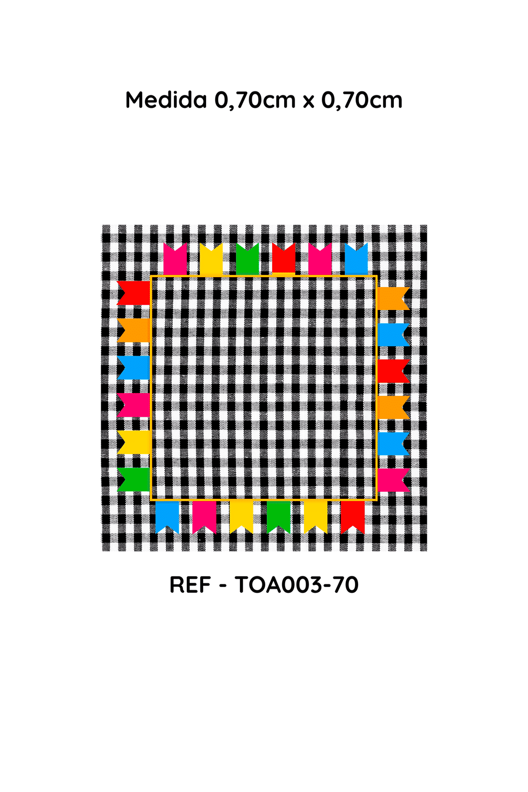 Kit com 4 Toalha de Mesa Festa Junina Xadrez Preto com Bandeirolas Coloridas , Medida 0,70mt x 0,70m Kit com 4 Toalha de Mesa Festa Junina Xadrez Preto com Bandeirolas Coloridas , Medida 0,70mt x 0,70m