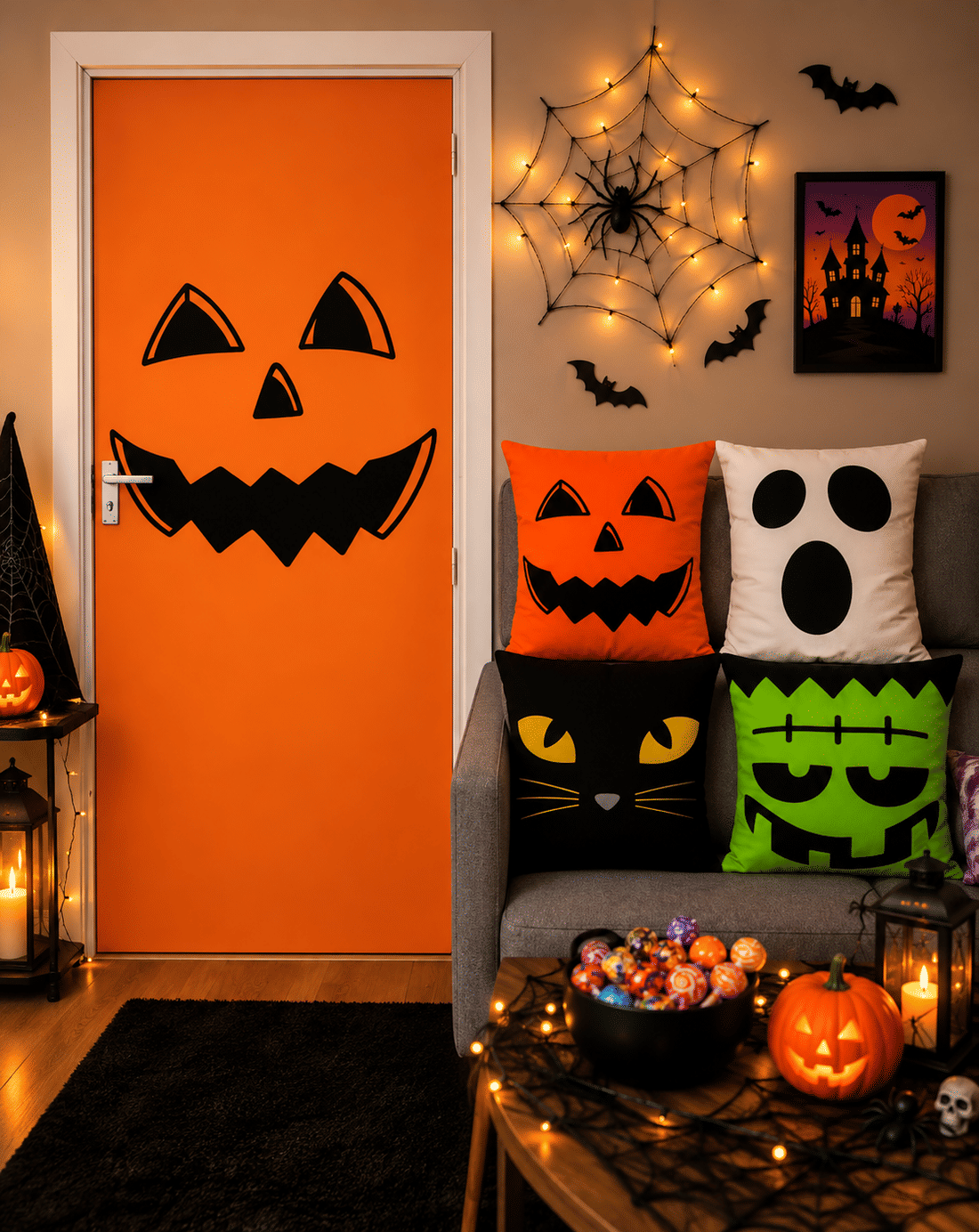 Kit 04- Halloween Abóbora, Dia das Bruxas— 1 Capa de Porta + 4 Capas de Almofada 45x45 Kit 04- Halloween Abóbora, Dia das Bruxas— 1 Capa de Porta + 4 Capas de Almofada 45x45